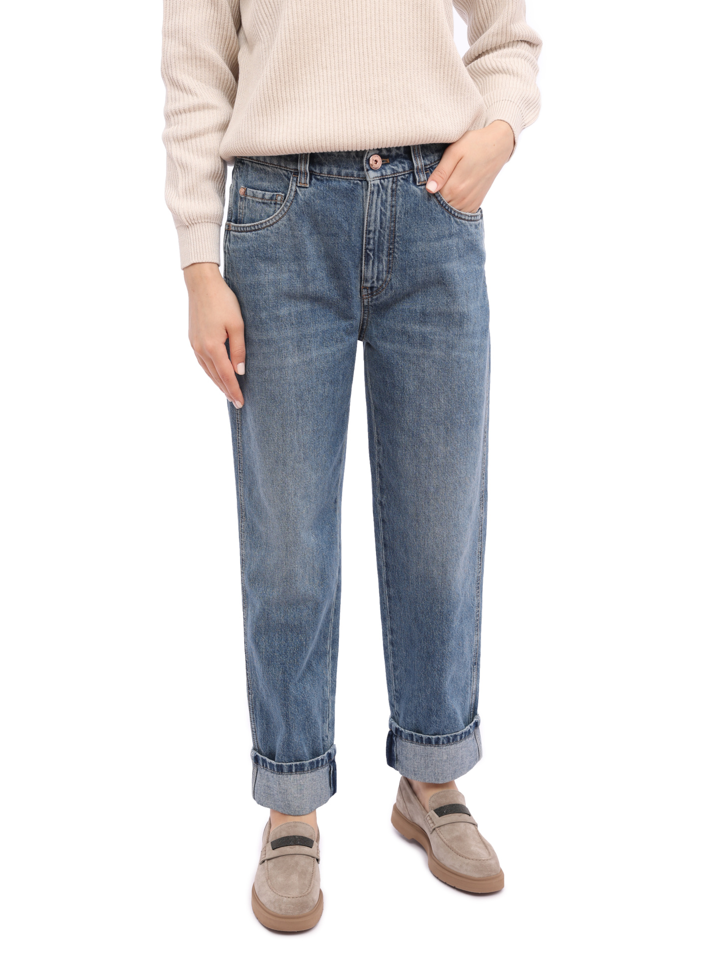 Джинсы Brunello Cucinelli MA095B1047 C7755 синие женские с подворотами — купить в интернет-магазине Verdistore