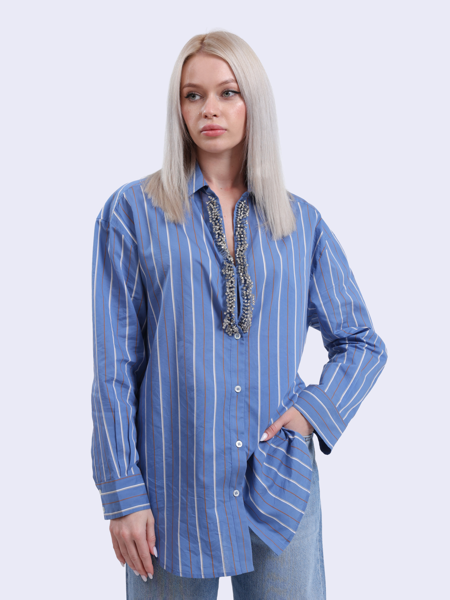 Рубашка 104708 A2ET EZZ синяя из муслина с ювелирной вышивкой — купить в интернет-магазине Verdistore