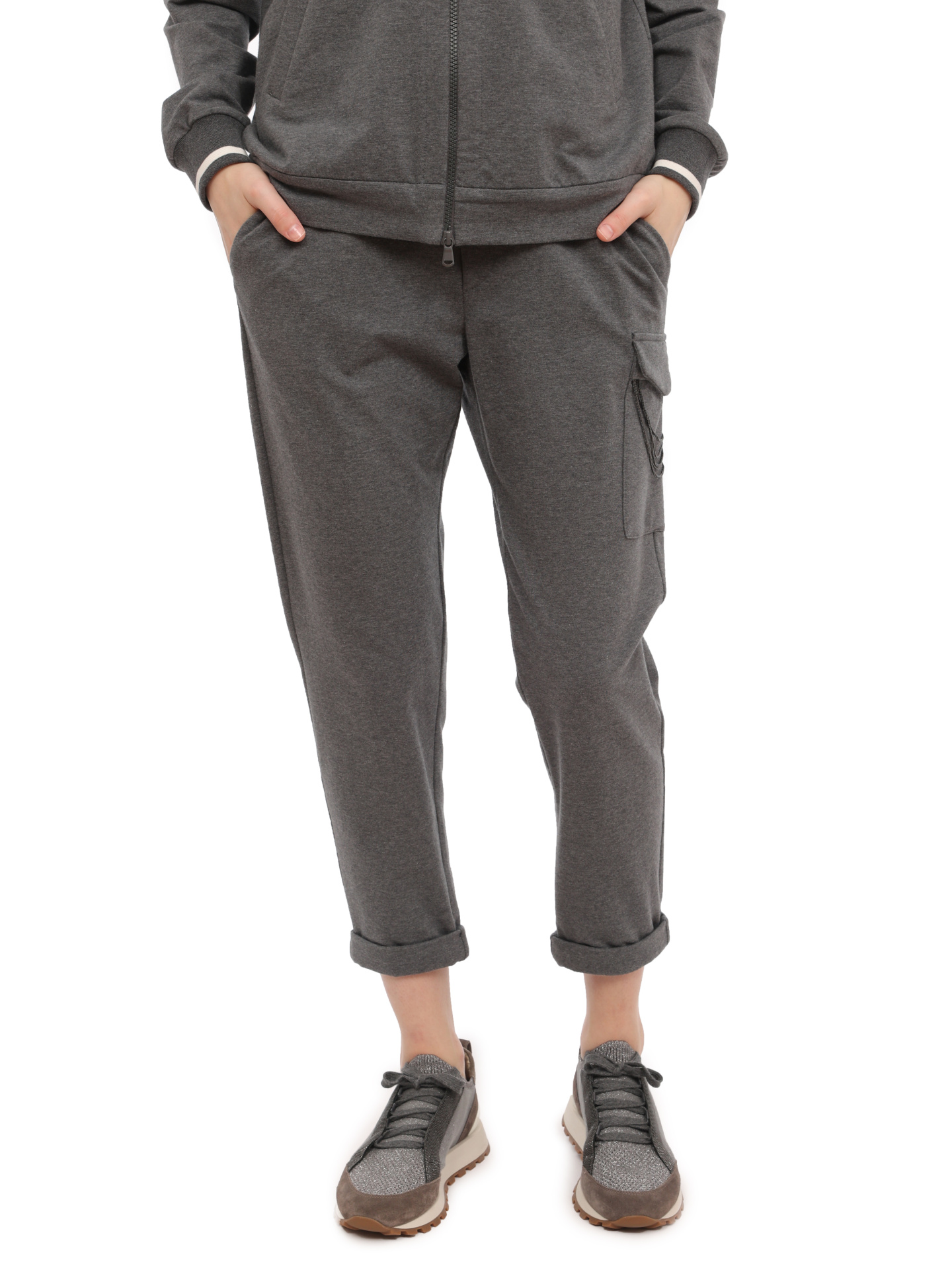 Брюки Brunello Cucinelli MH827S6599 серые женские с накладным карманом — купить в интернет-магазине Verdistore