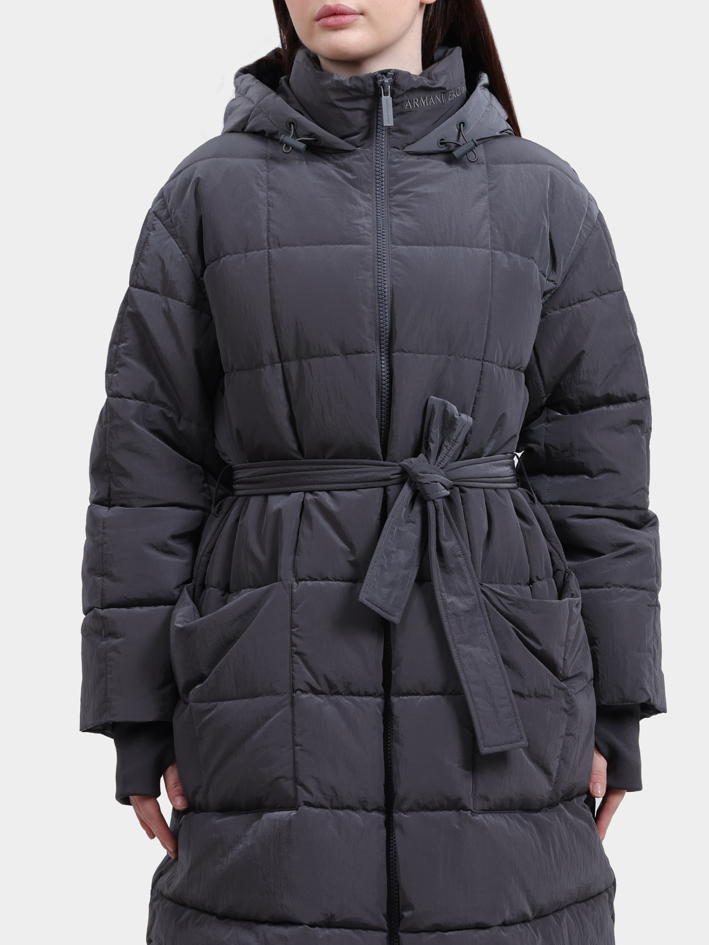 Пуховик Armani Exchange AF16207 U8105 серый женский с поясом — купить в интернет-магазине Verdistore