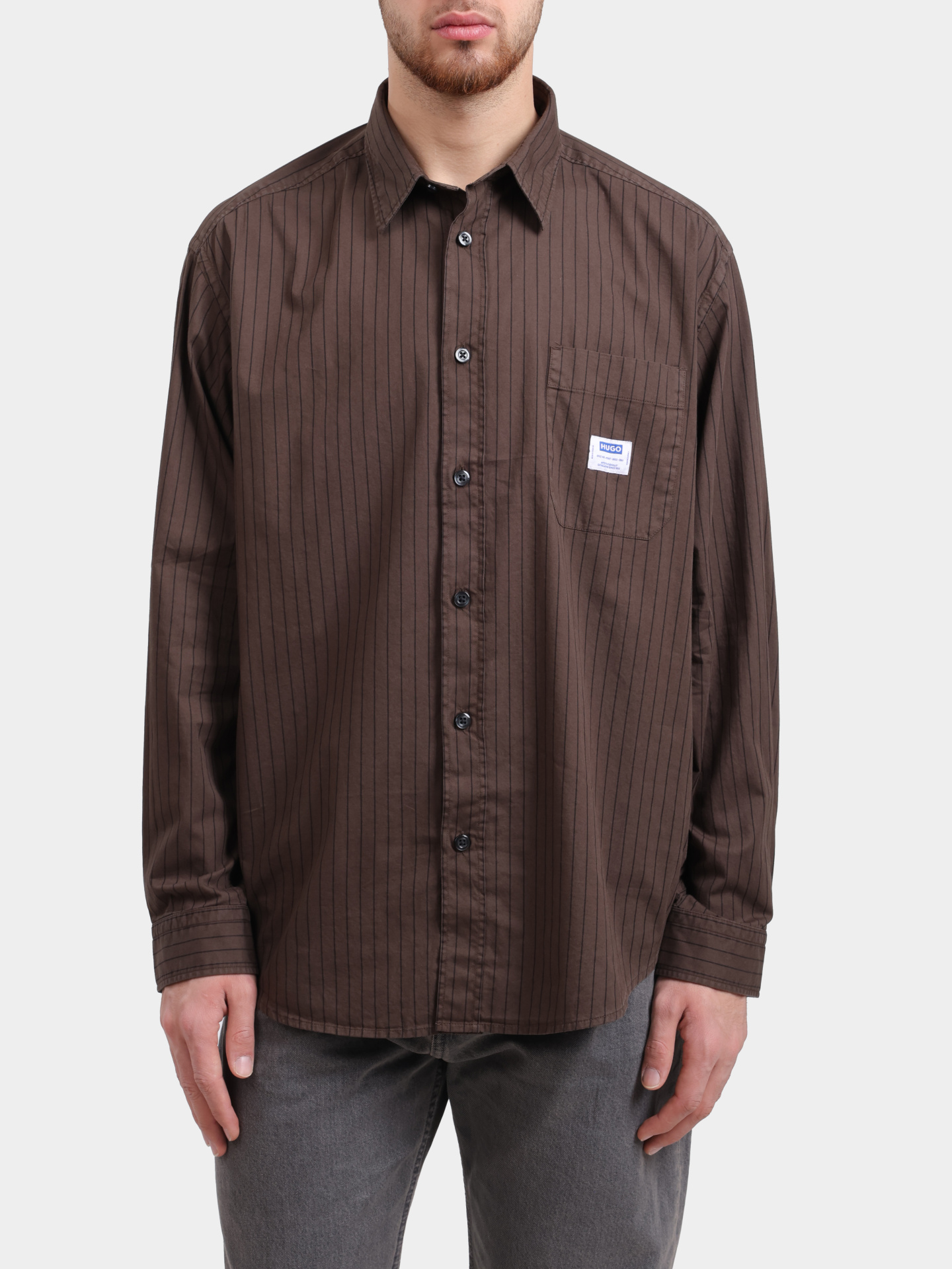 Рубашка HUGO BLUE Ebalto 10276057 01 50555404 208 коричневая мужская с принтом в полоску — купить в интернет-магазине Verdistore