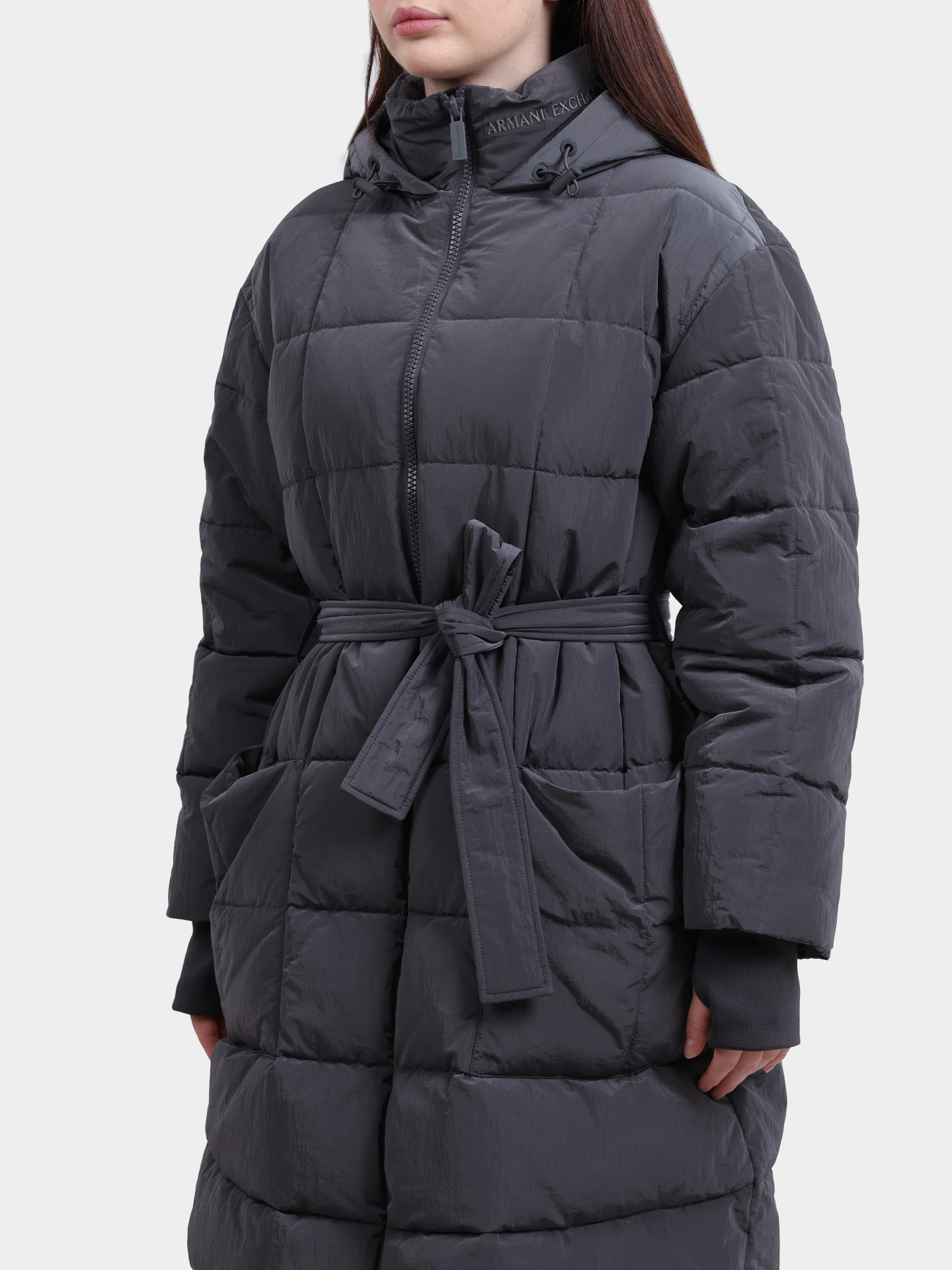 Пуховик Armani Exchange AF16207 U8105 серый женский с поясом — купить в интернет-магазине Verdistore