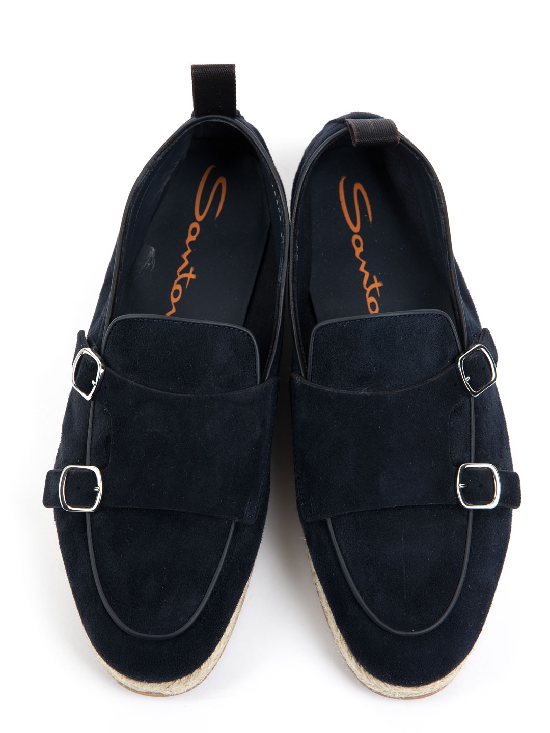 Монки темно-синие замшевые с двумя пряжками и подошвой с плетеным джутовым кантом. — купить в интернет-магазине Verdistore