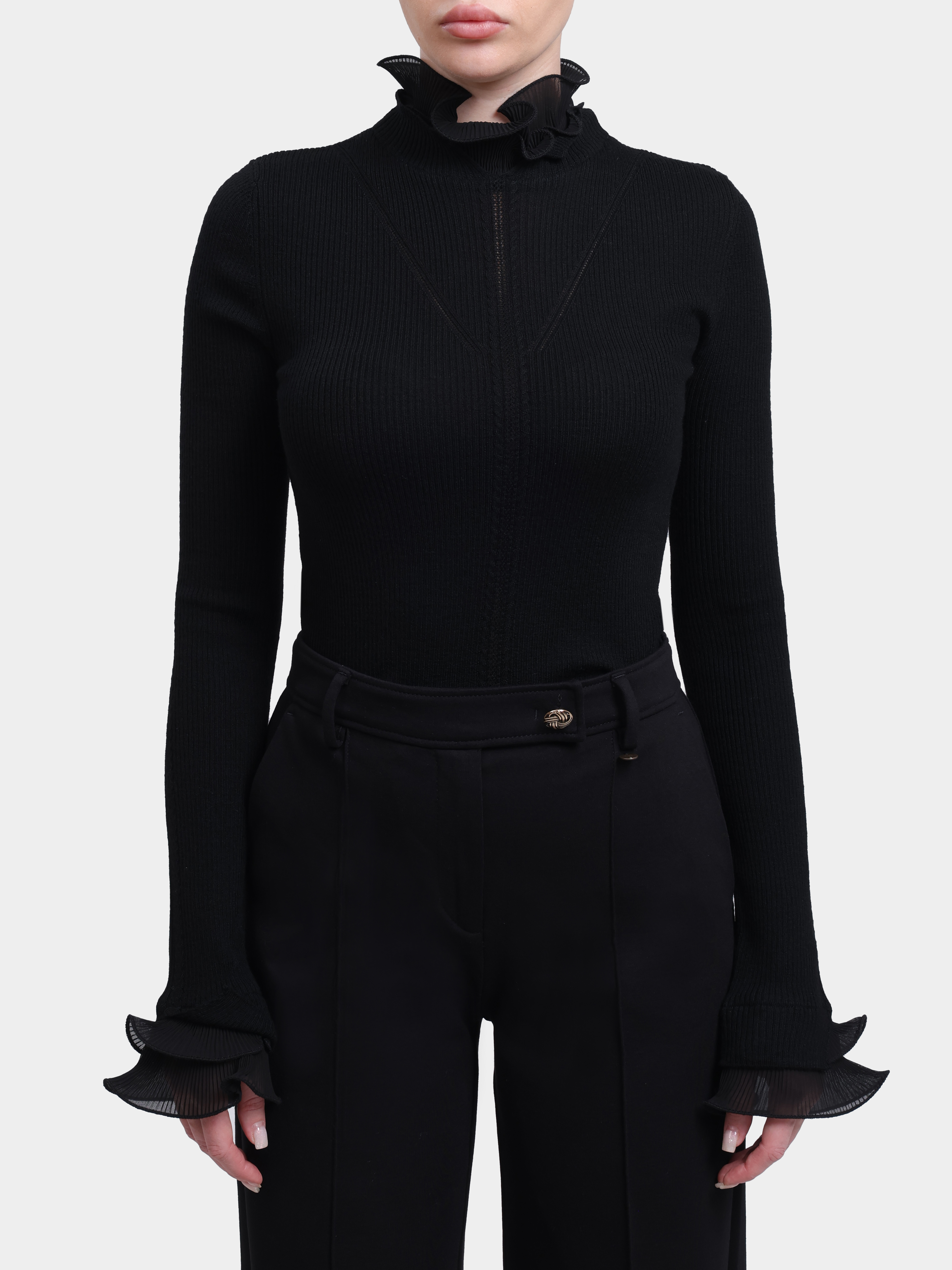 Водолазка Liu-Jo BLACK LABEL CF6043 MA82O 22222 черная женская с оборкой на горловине  — купить в интернет-магазине Verdistore
