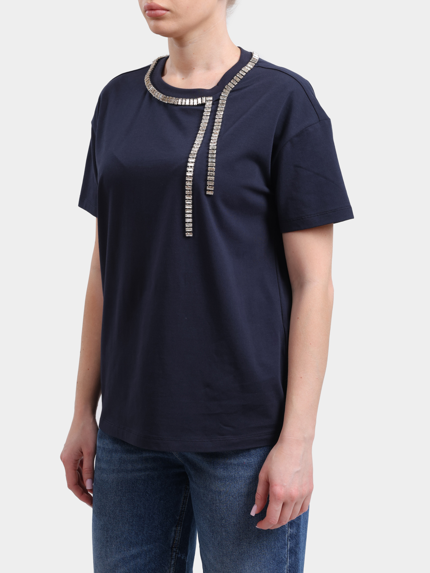 Футболка Liu-Jo BLACK LABEL CA6167 JS088 P9583 темно-синяя женская украшенная стразами — купить в интернет-магазине Verdistore