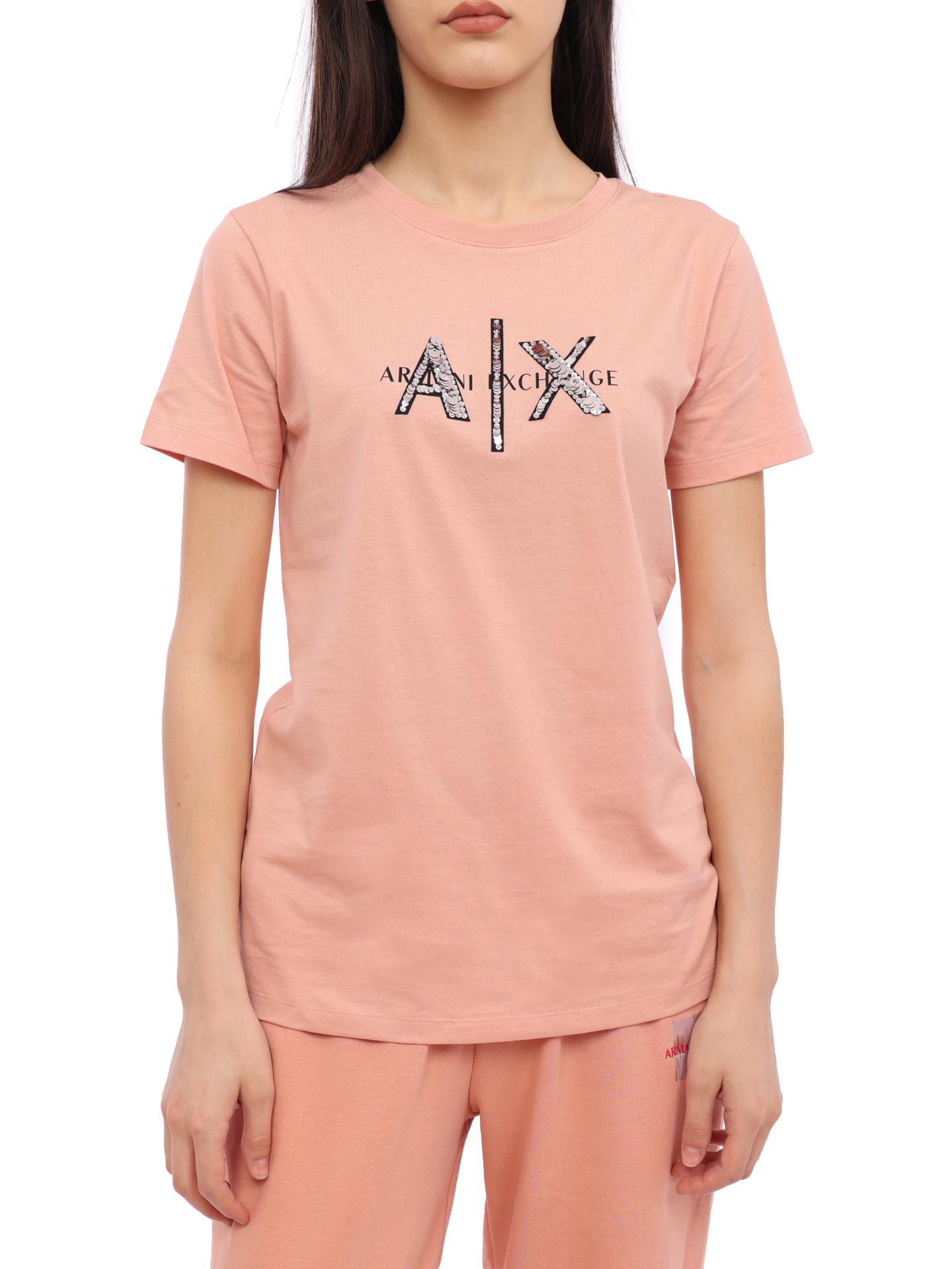 Футболка Armani Exchange 3RYTBQ YJG3Z 14AO персиковая женская с пайетками — купить в интернет-магазине Verdistore