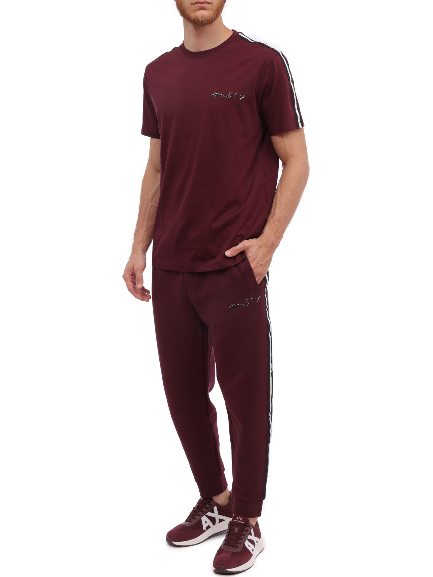 Брюки спортивные Armani Exchange 6RZPLD ZJZGZ 14BC бордовые мужские с полосами — купить в интернет-магазине Verdistore