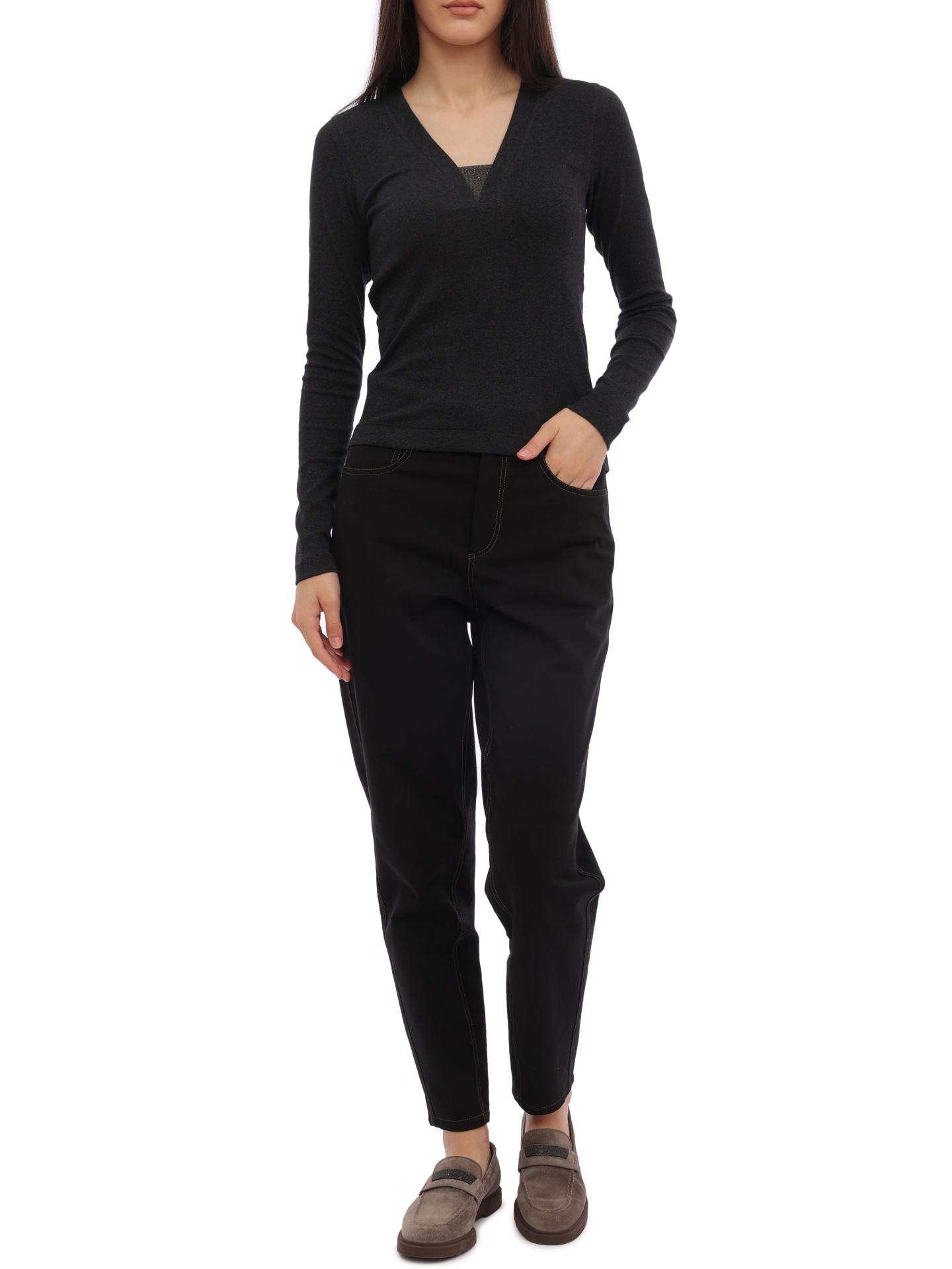 Джемпер Brunello Cucinelli M0TC8EL682 C055 темно-серый женский с V-вырезом — купить в интернет-магазине Verdistore