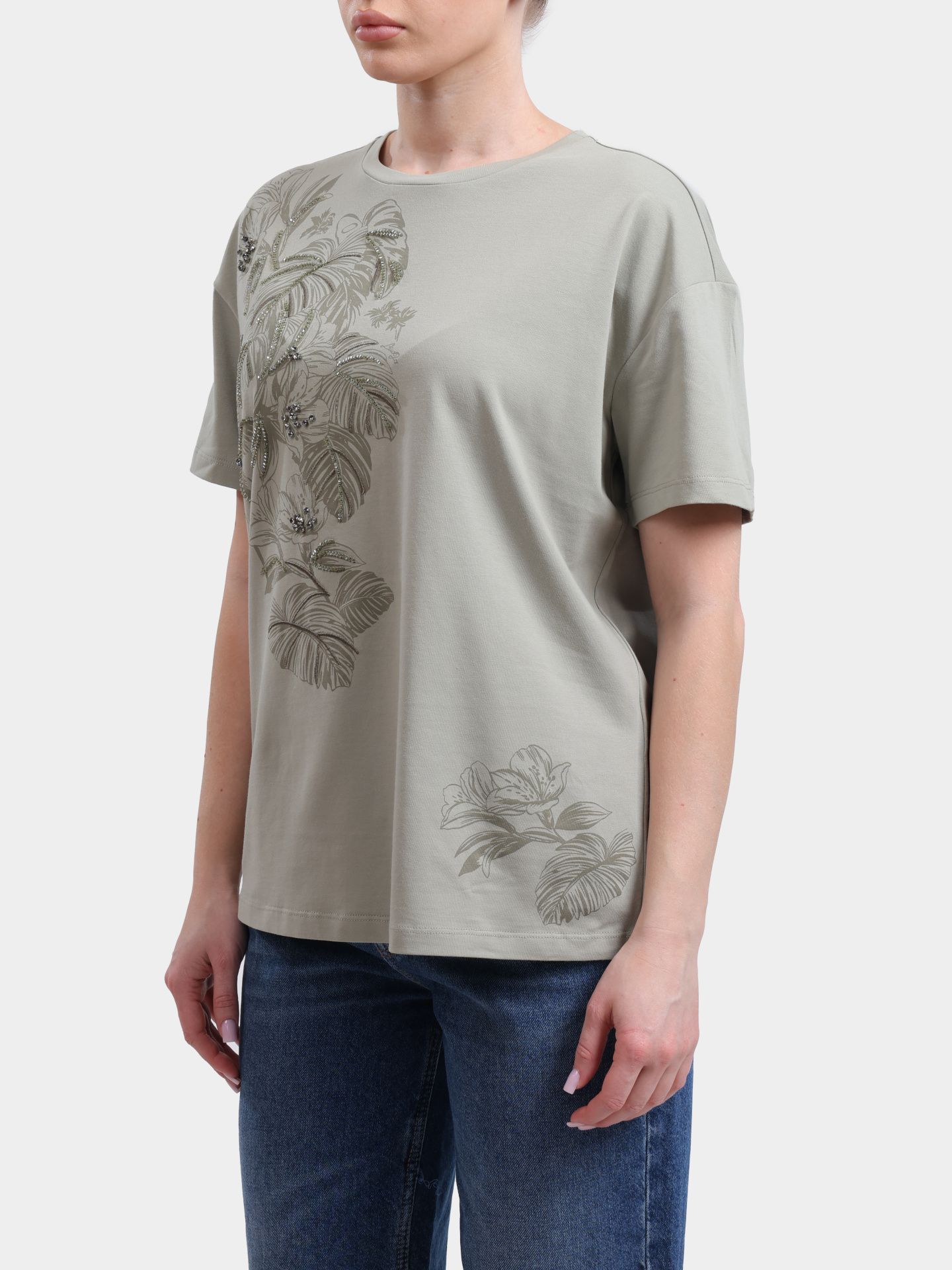 Футболка Liu-Jo BLACK LABEL CA6330 JS088 P9639 зеленая женская с принтом украшенным стразами  — купить в интернет-магазине Verdistore