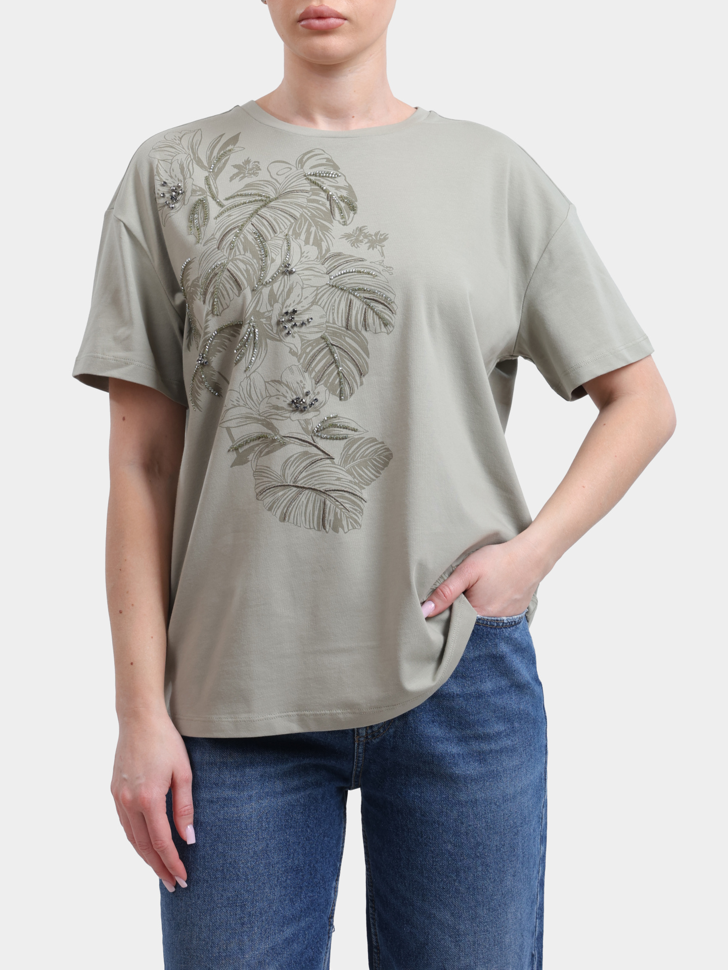 Футболка Liu-Jo BLACK LABEL CA6330 JS088 P9639 зеленая женская с принтом украшенным стразами  — купить в интернет-магазине Verdistore