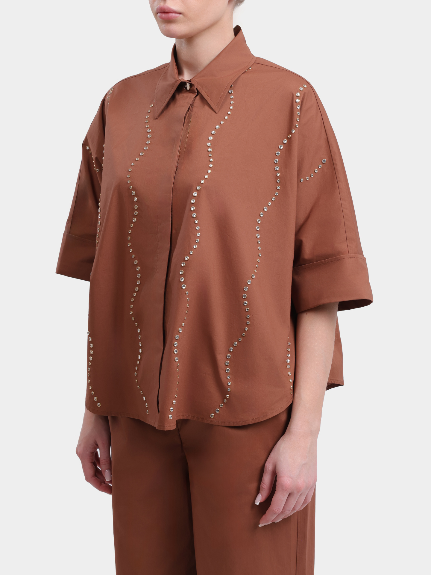 Рубашка Liu-Jo BLACK LABEL CA6345 TS246 09032 коричневая женская укороченная со стразами — купить в интернет-магазине Verdistore