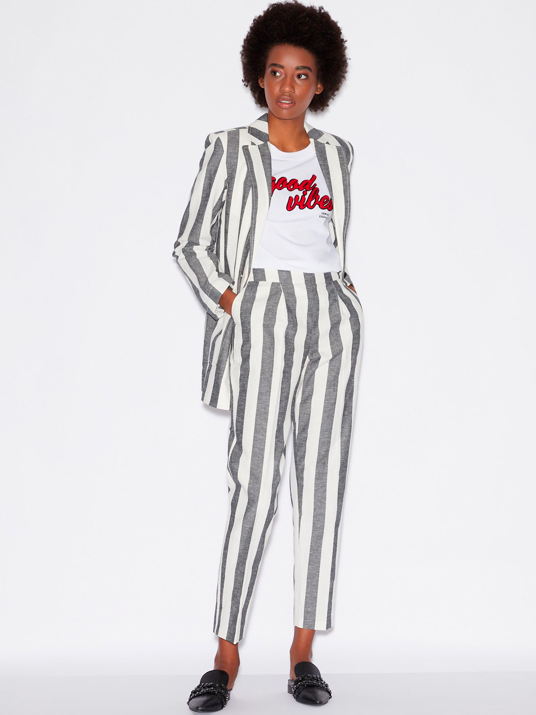 Брюки Armani Exchange 3GYP57 полосатые женские из льна и хлопка — купить в интернет-магазине Verdistore