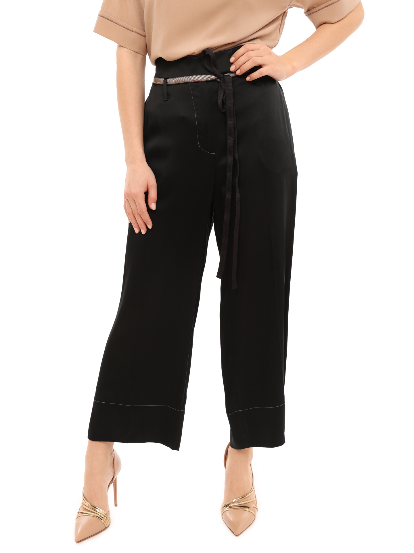 Брюки Brunello Cucinelli M0H38P6193 черные женские с поясом — купить в интернет-магазине Verdistore