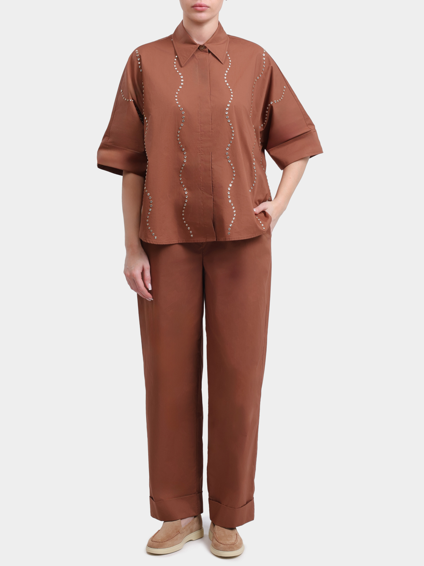 Брюки Liu-Jo BLACK LABEL CA6249 TS246 09032 коричневые женские свободного кроя с подворотами — купить в интернет-магазине Verdistore