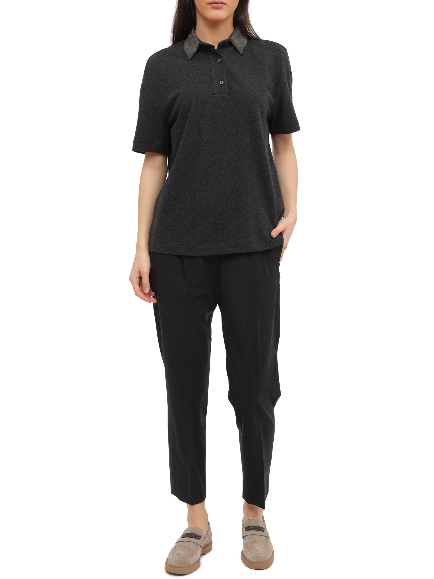 Поло Brunello Cucinelli M0T63B1253 C8127 темно-серое женское из хлопка — купить в интернет-магазине Verdistore
