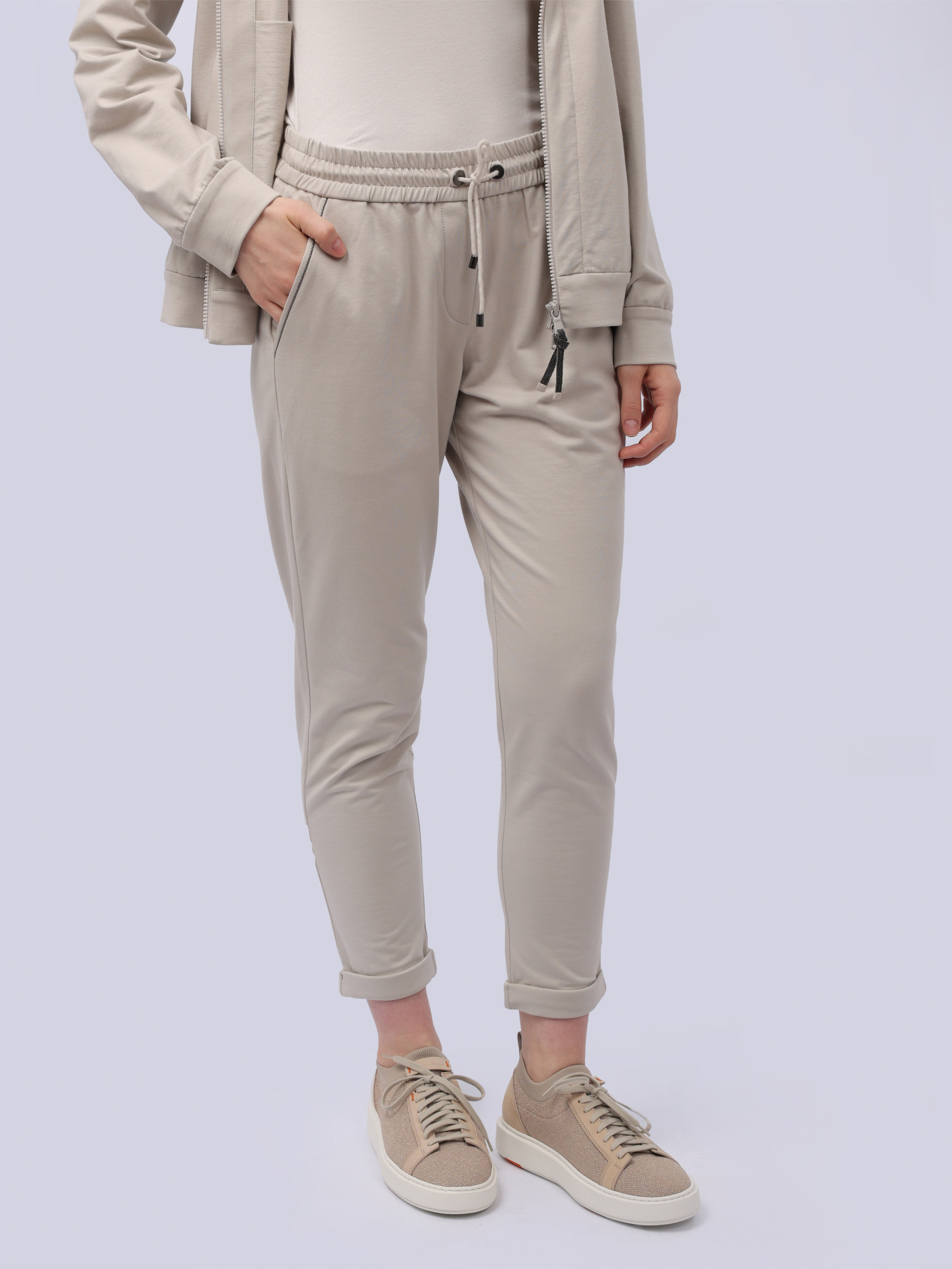 Брюки Brunello Cucinelli MH827SA399 С9593 бежевые женские с подворотами — купить в интернет-магазине Verdistore