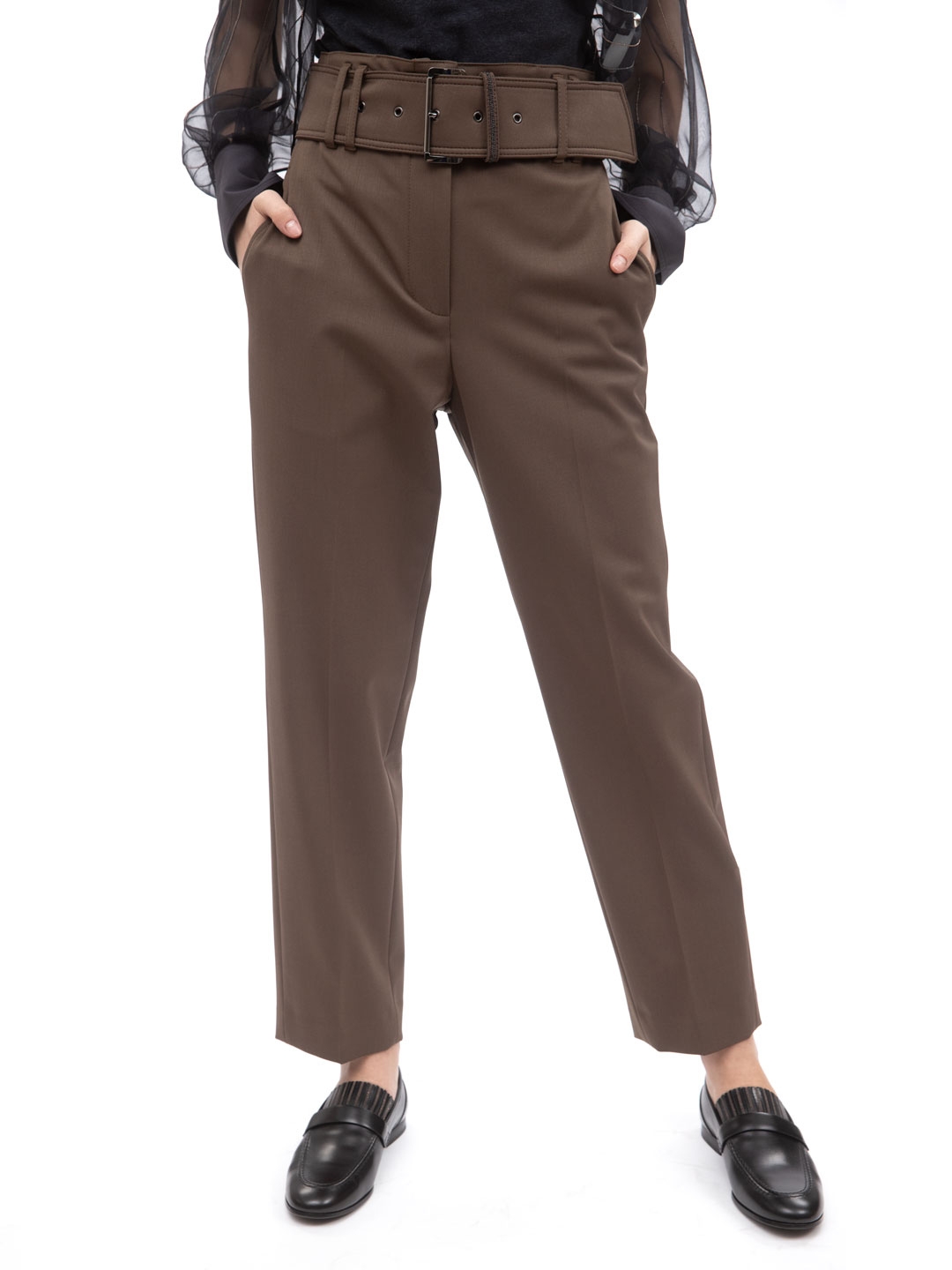 Брюки Brunello Cucinelli MB526P7383 C8504 коричневые женские с широким поясом — купить в интернет-магазине Verdistore