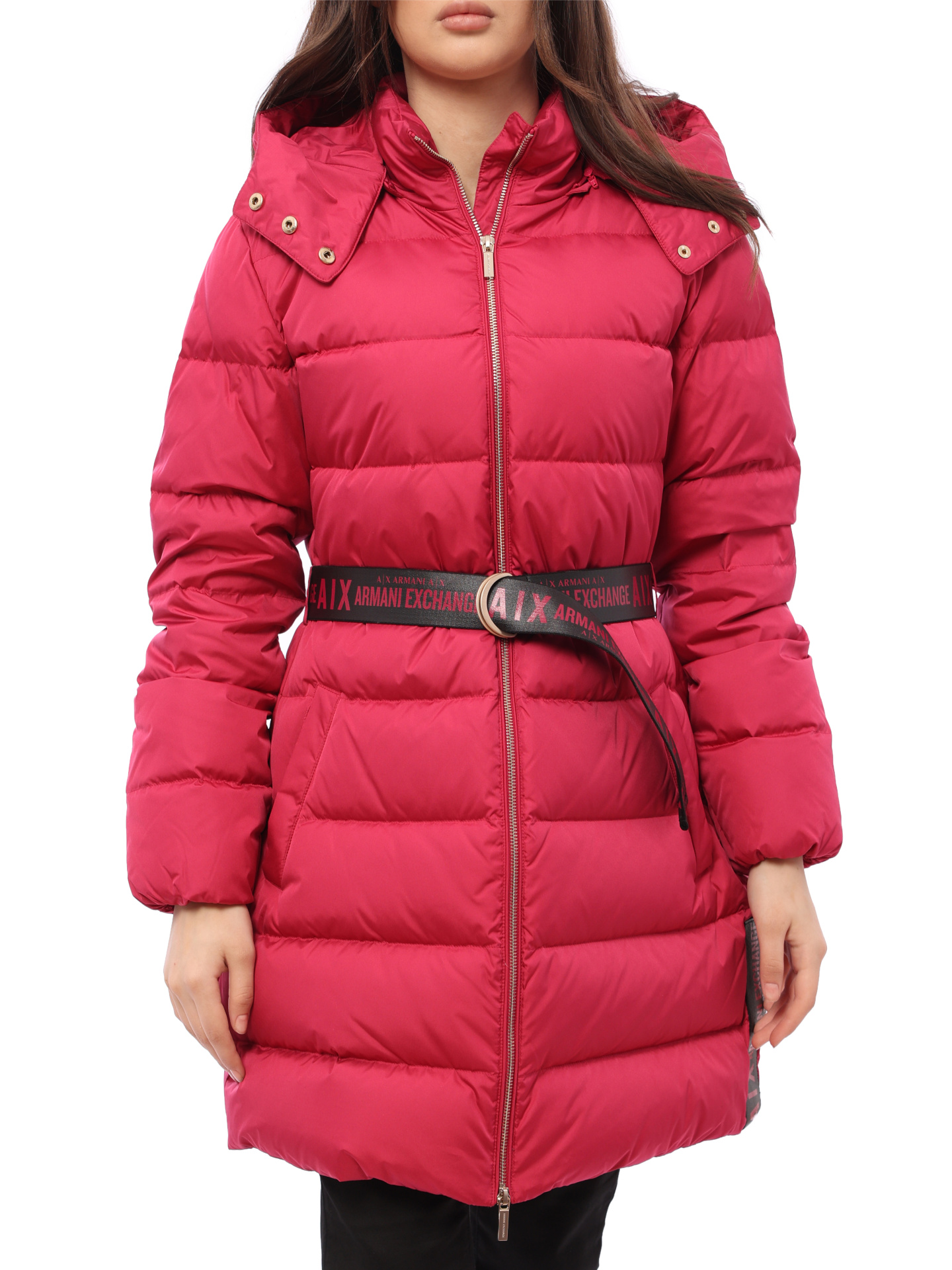 Пуховик Armani Exchange 6GYK09 фуксия женский с поясом — купить в интернет-магазине Verdistore