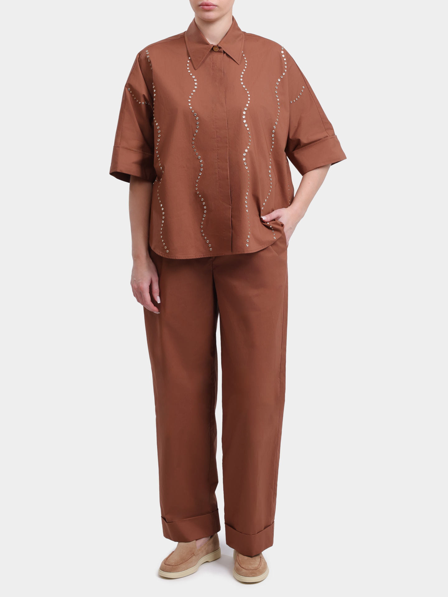 Рубашка Liu-Jo BLACK LABEL CA6345 TS246 09032 коричневая женская укороченная со стразами — купить в интернет-магазине Verdistore