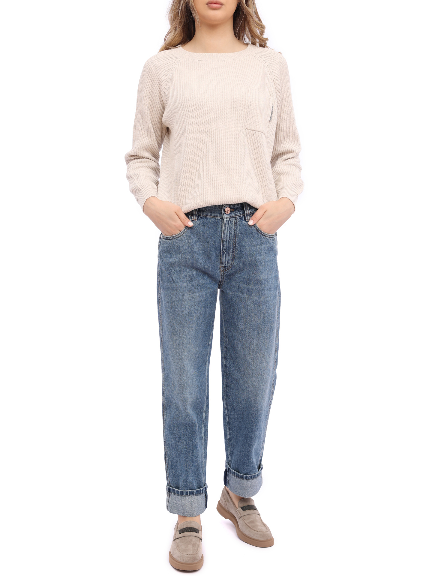 Джинсы Brunello Cucinelli MA095B1047 C7755 синие женские с подворотами — купить в интернет-магазине Verdistore