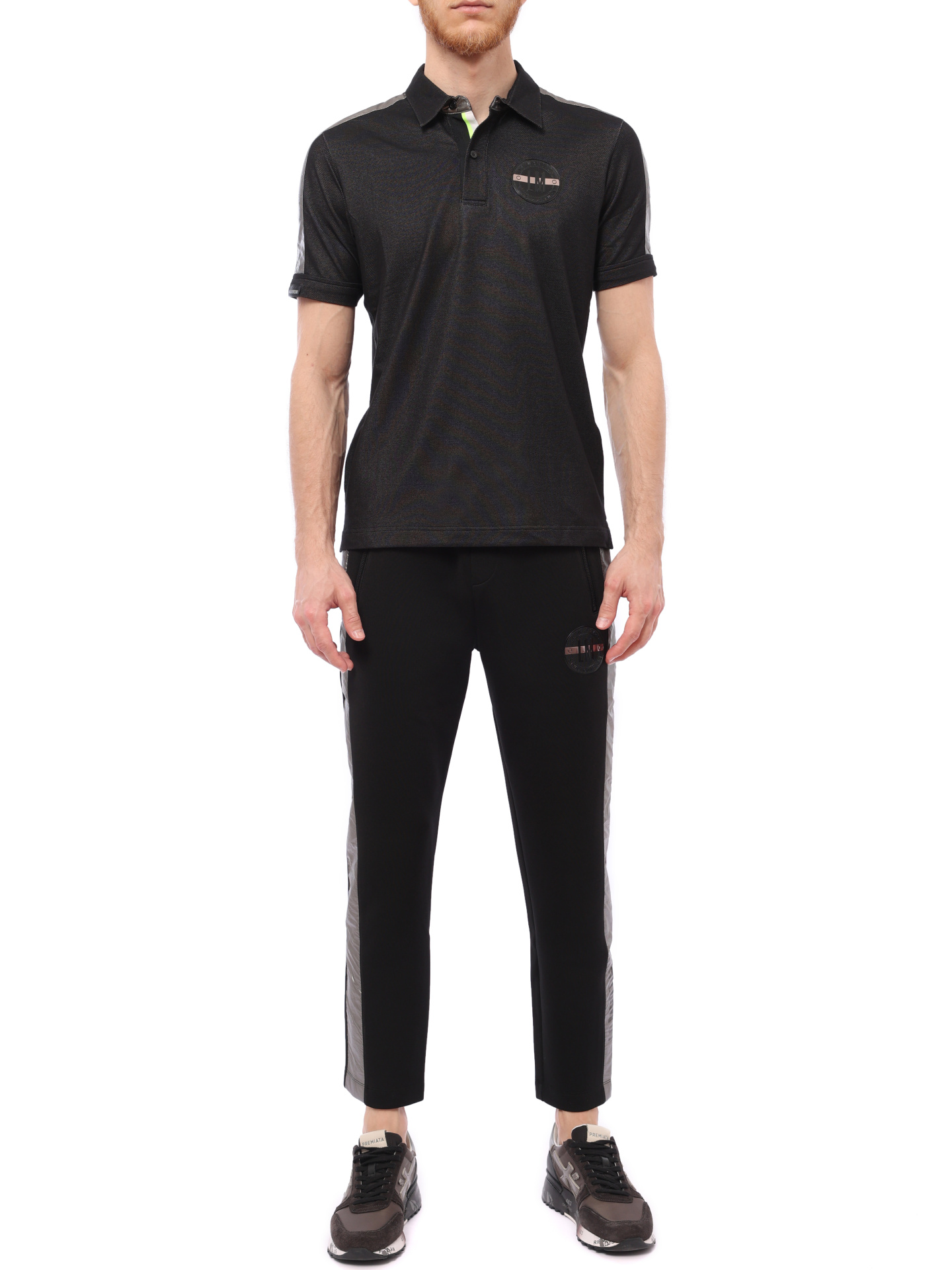 Брюки черные с серыми вставками по бокам с логотипом под карманом — купить в интернет-магазине Verdistore