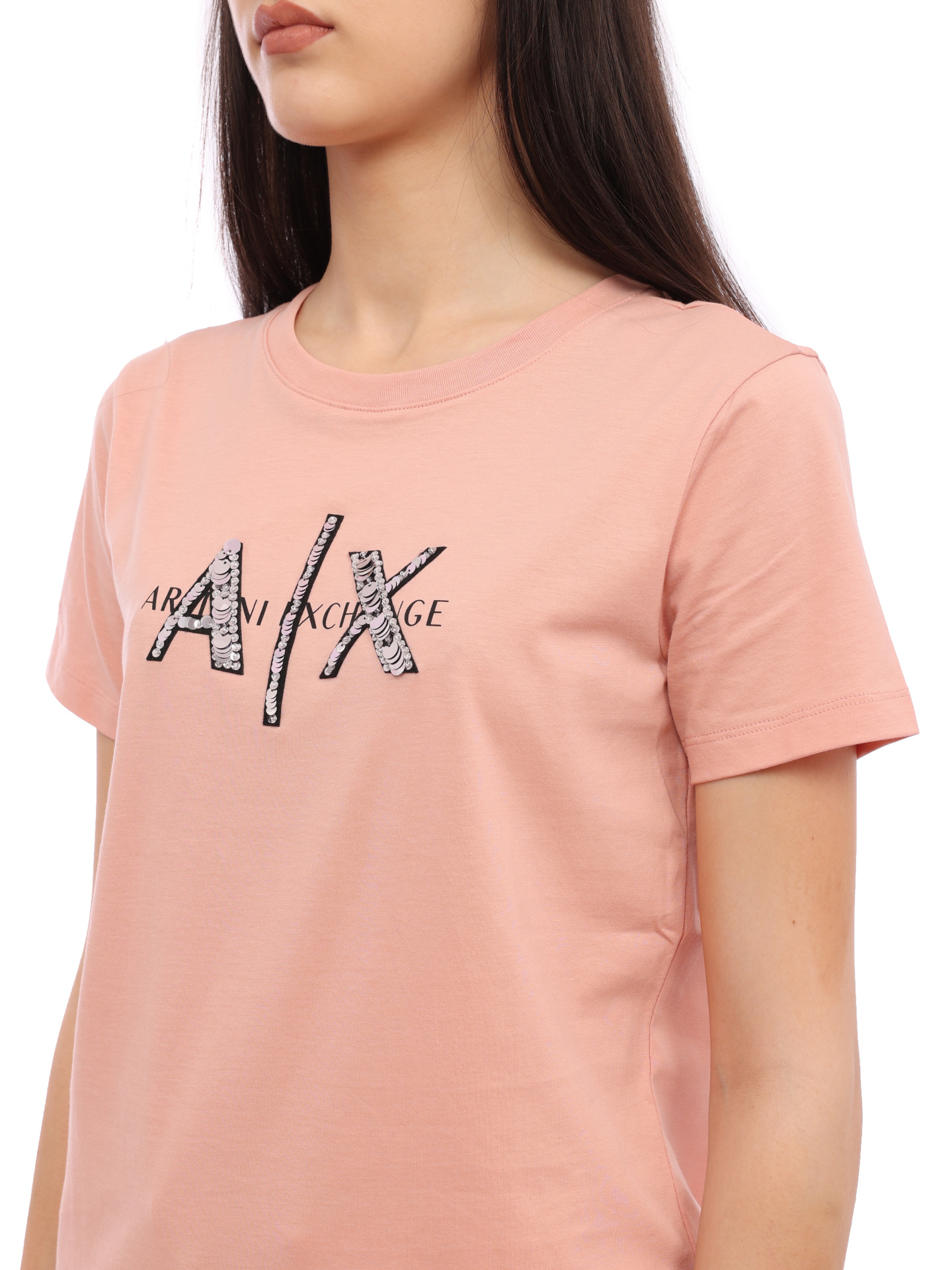 Футболка Armani Exchange 3RYTBQ YJG3Z 14AO персиковая женская с пайетками — купить в интернет-магазине Verdistore