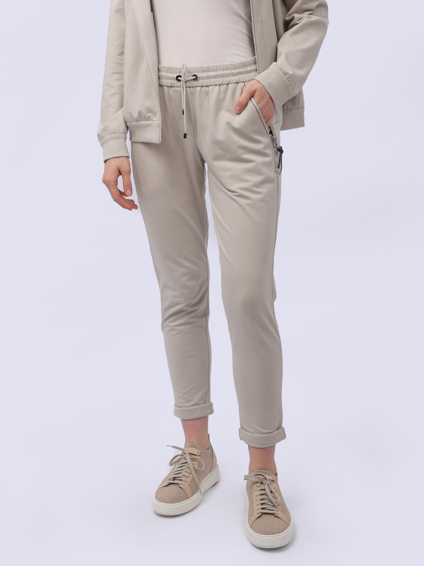 Брюки Brunello Cucinelli MH827SA399 С9593 бежевые женские с подворотами — купить в интернет-магазине Verdistore