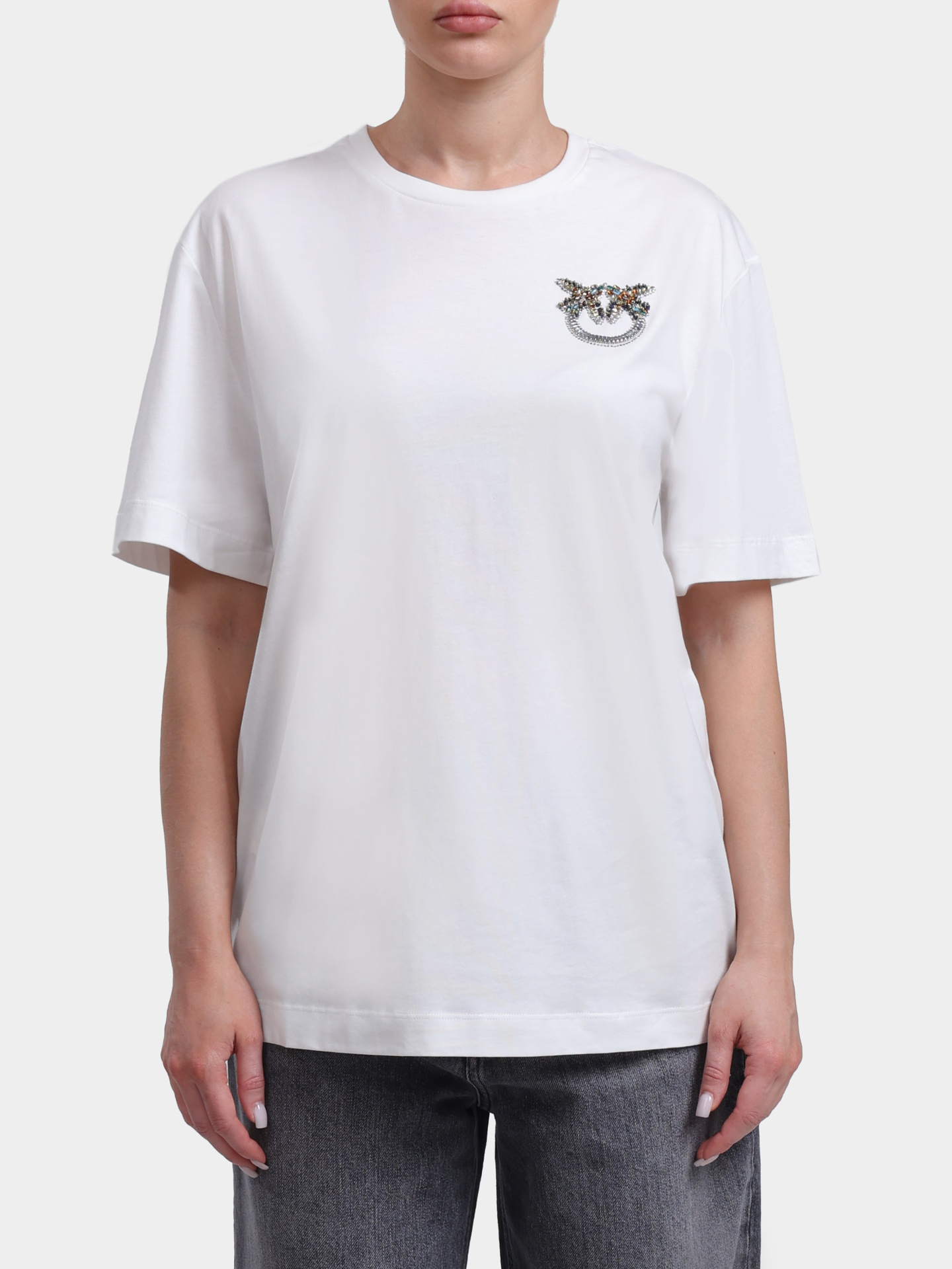 Футболка Pinko 105526 A33F Z05 белая женская с декором Love Birds — купить в интернет-магазине Verdistore