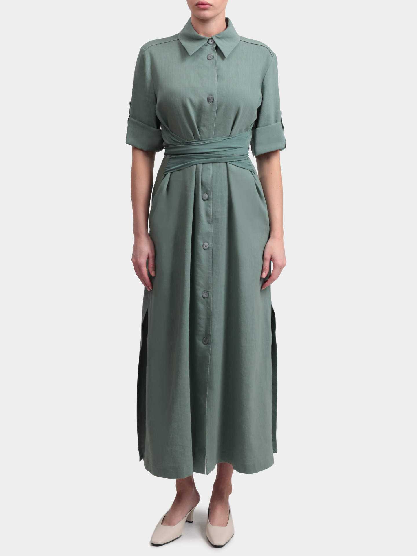 Платье Marella Monochrome MLMMACINA 003 зеленое женское с поясом — купить в интернет-магазине Verdistore