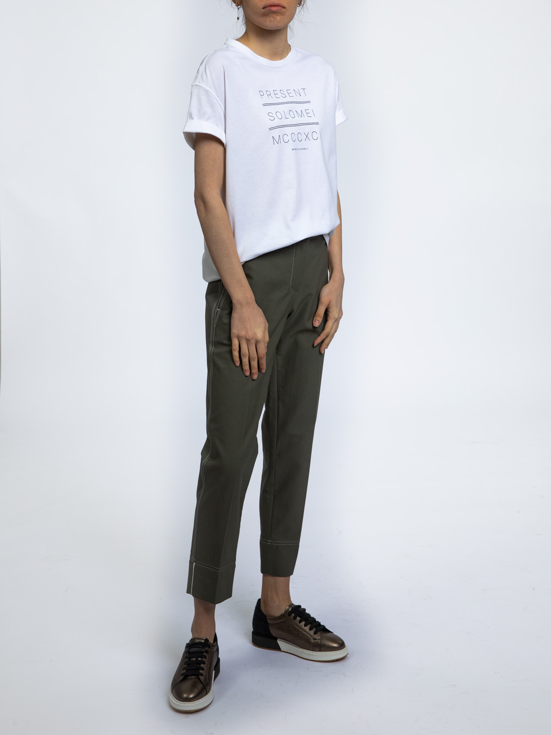 Брюки Brunello Cucinelli M0H40P6514 хаки женские с контрастной строчкой — купить в интернет-магазине Verdistore
