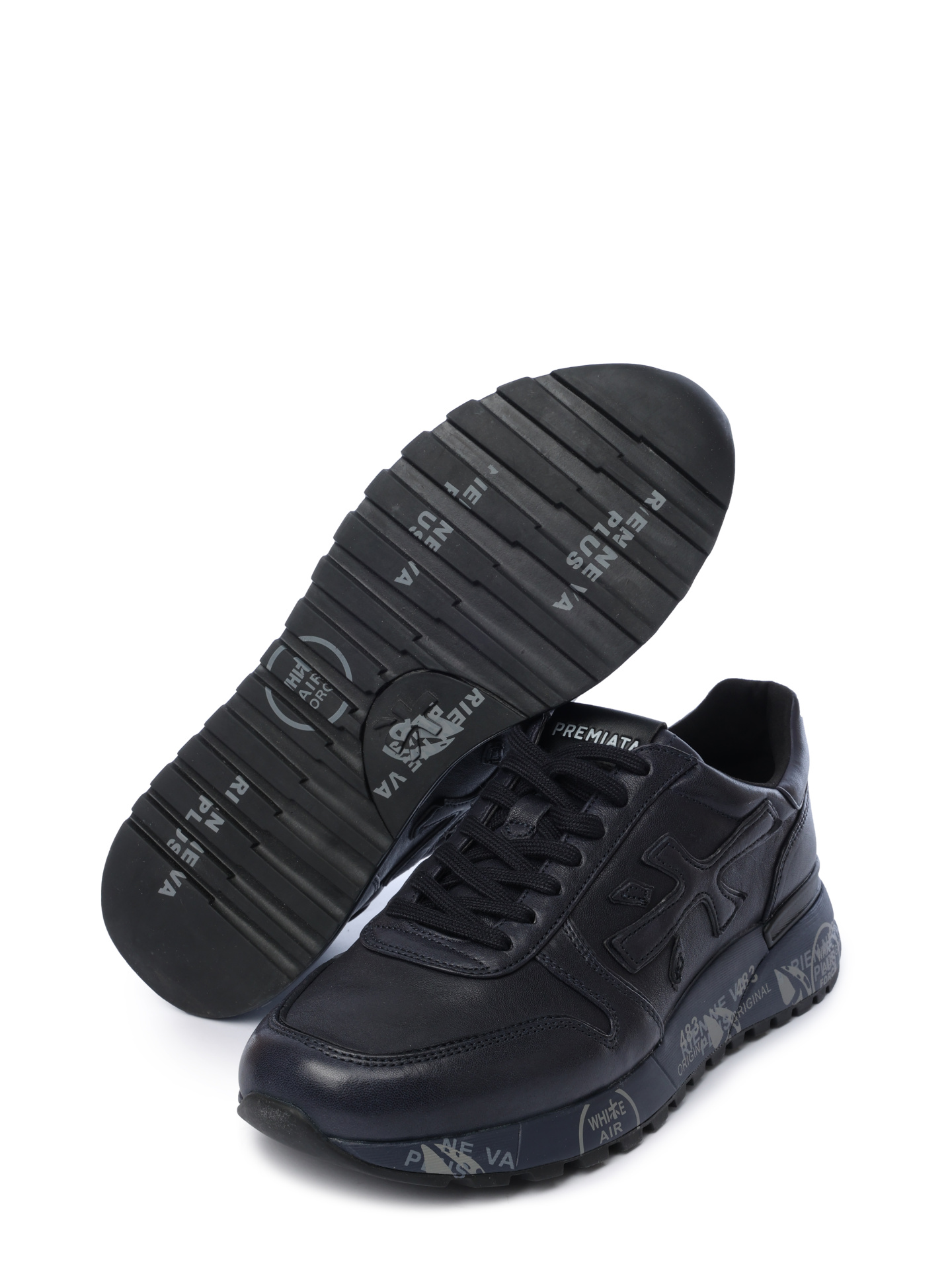 Кроссовки черные кожаные с принтом на темно-синей подошве  — купить в интернет-магазине Verdistore