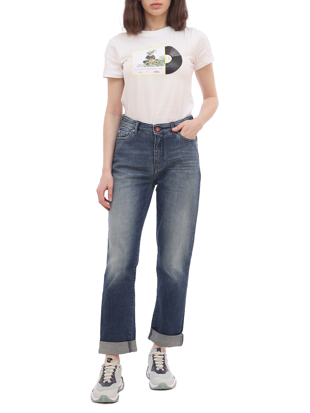 Джинсы Armani Exchange 3HYJ06 синие женские с подворотами — купить в интернет-магазине Verdistore