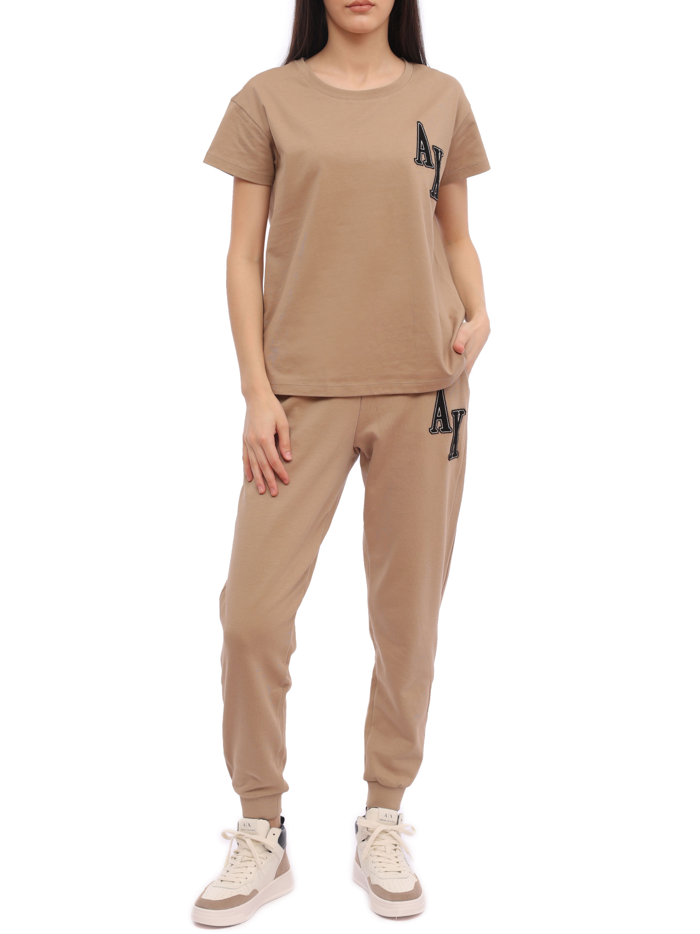 картинка Брюки спортивные Armani Exchange 6RYP78 YJEBZ 0748 бежевые женские с логотипом от магазина Verdistore