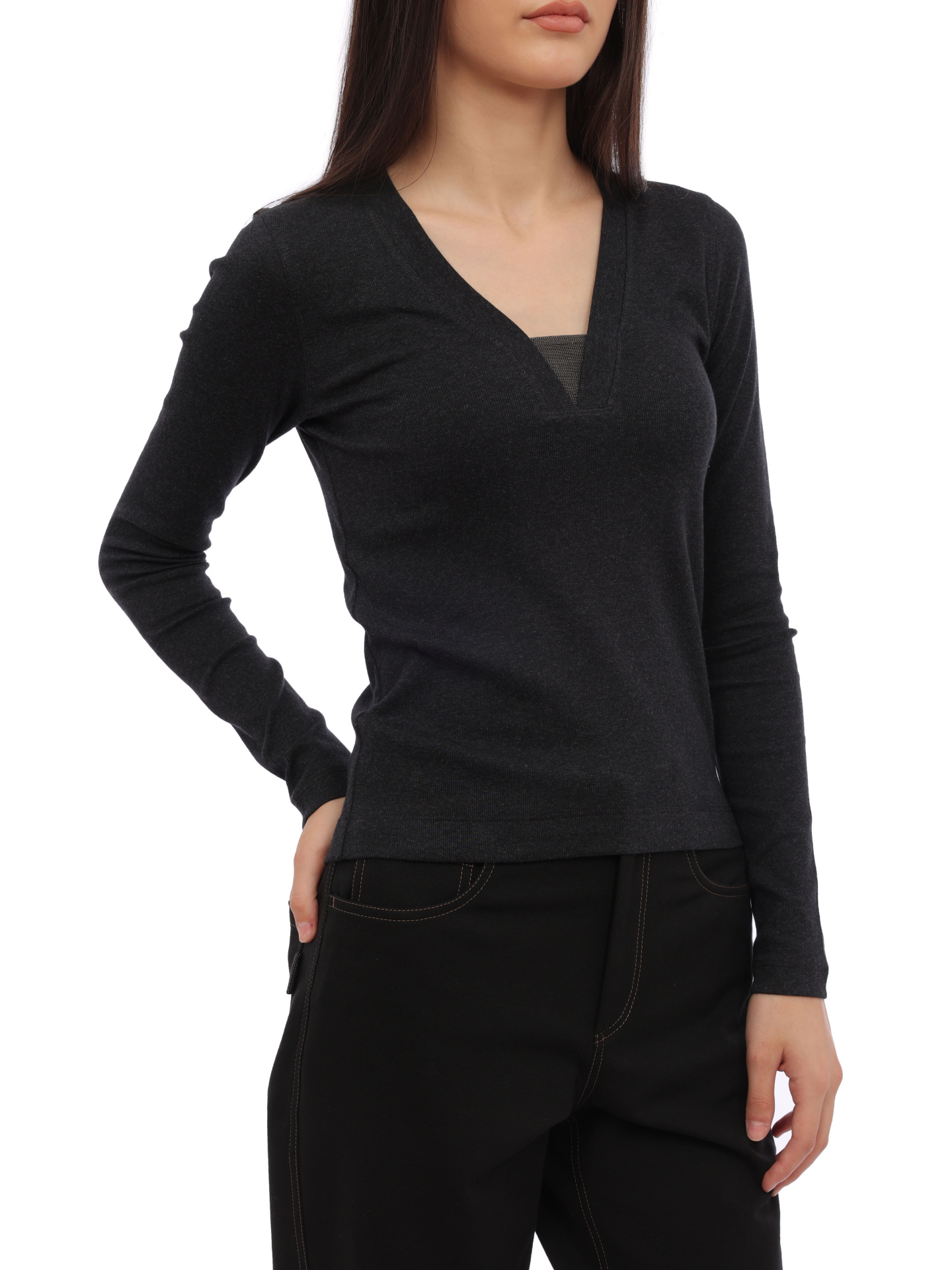 Джемпер Brunello Cucinelli M0TC8EL682 C055 темно-серый женский с V-вырезом — купить в интернет-магазине Verdistore