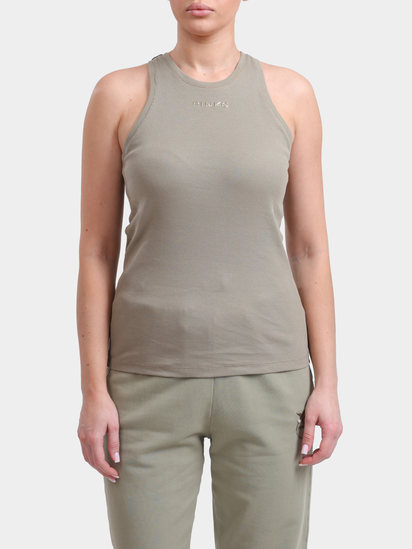 Майка Pinko 100822 A15E U84 хаки женская приталенная с маленьким логотипом — купить в интернет-магазине Verdistore