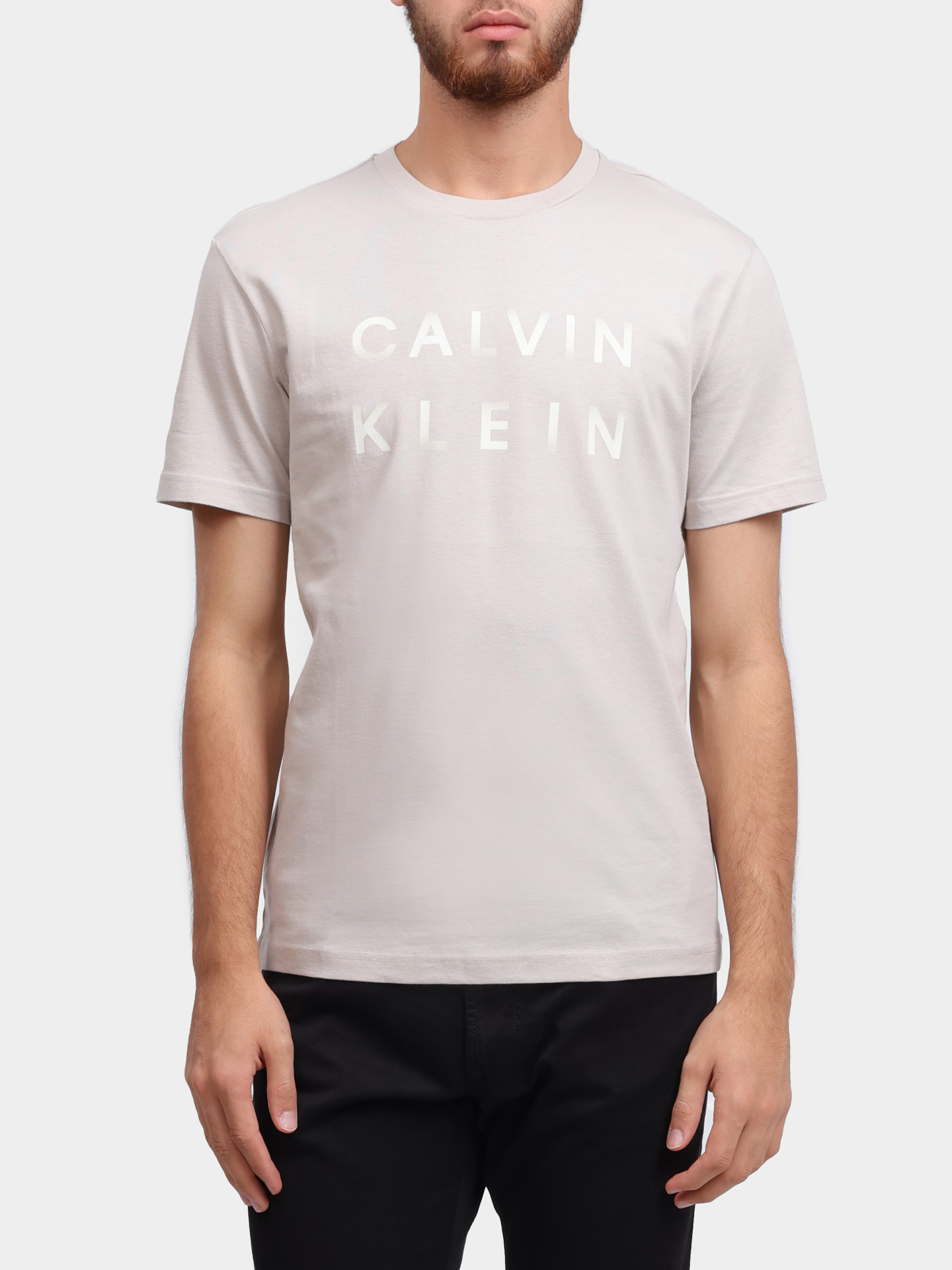 Футболка Calvin Klein K10K114156 PE0 бежевая мужская с логотипом — купить в интернет-магазине Verdistore