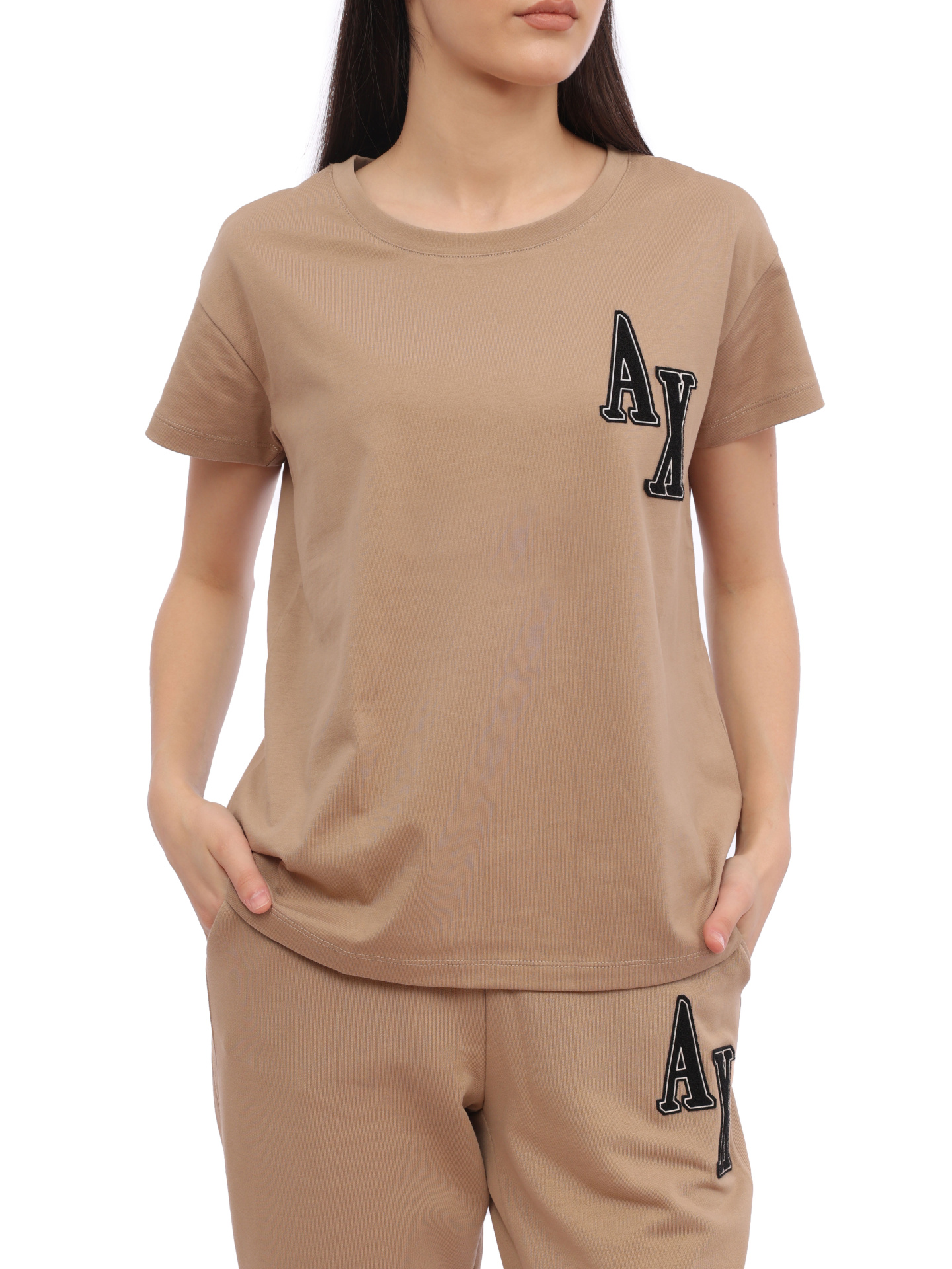 Футболка Armani Exchange 6RYT38 YJ7VZ 0748 бежевая женская из хлопка — купить в интернет-магазине Verdistore