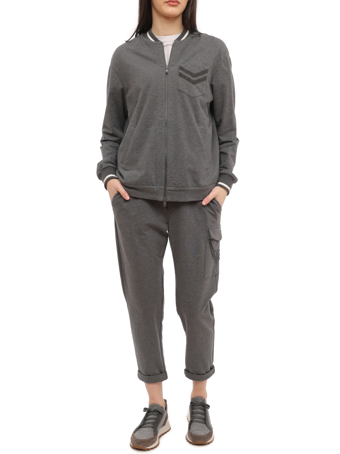 Брюки Brunello Cucinelli MH827S6599 серые женские с накладным карманом — купить в интернет-магазине Verdistore