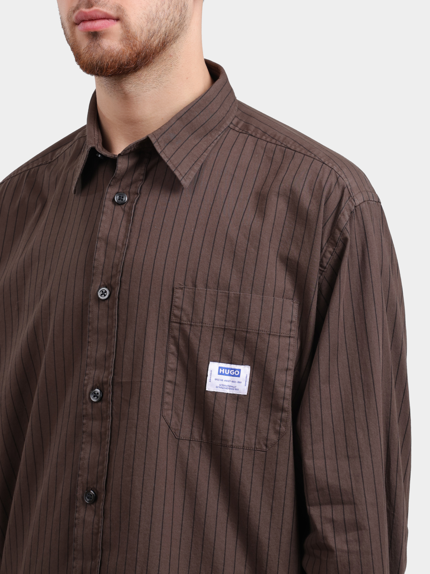 Рубашка HUGO BLUE Ebalto 10276057 01 50555404 208 коричневая мужская с принтом в полоску — купить в интернет-магазине Verdistore