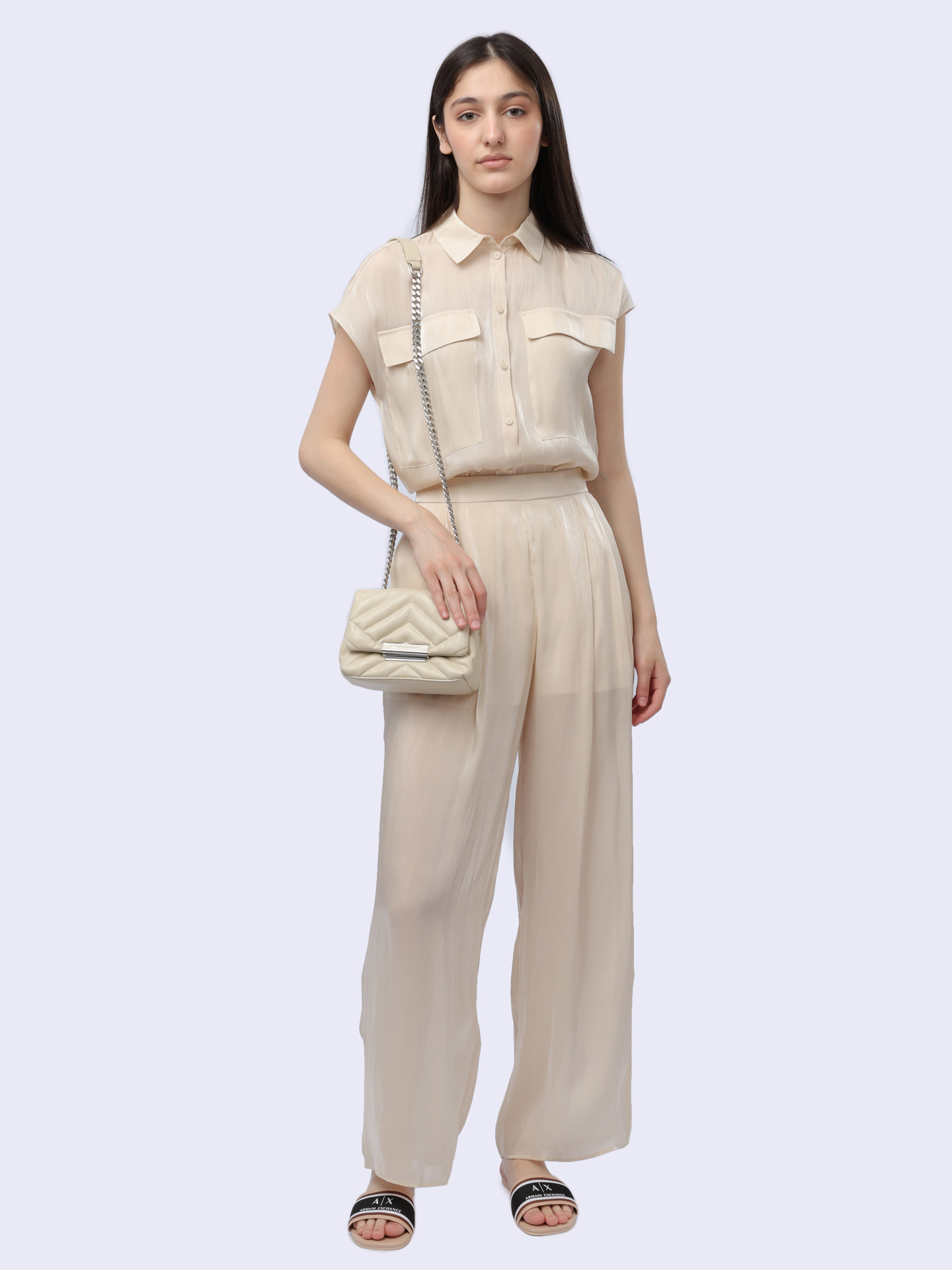 Брюки Armani Exchange 3DYP19 YNUUZ 1787 бежевые женские из струящейся ткани — купить в интернет-магазине Verdistore