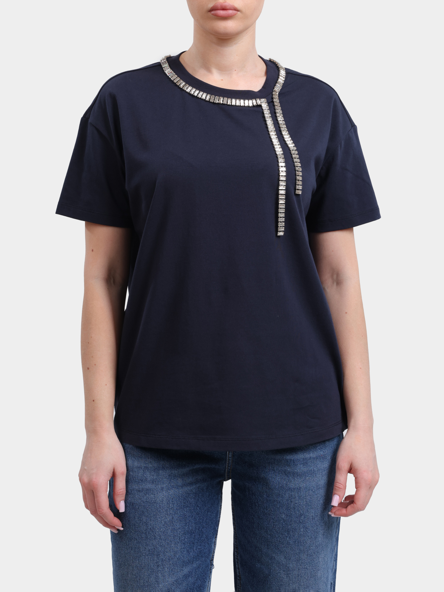 Футболка Liu-Jo BLACK LABEL CA6167 JS088 P9583 темно-синяя женская украшенная стразами — купить в интернет-магазине Verdistore