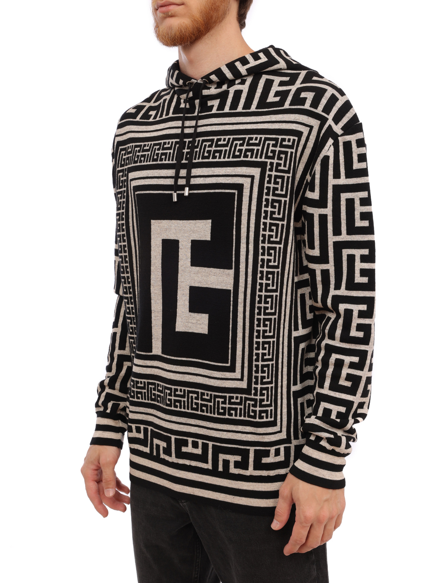 Худи Balmain BH1JR072KE82 GFE черно-белое мужское с принтом — купить в интернет-магазине Verdistore