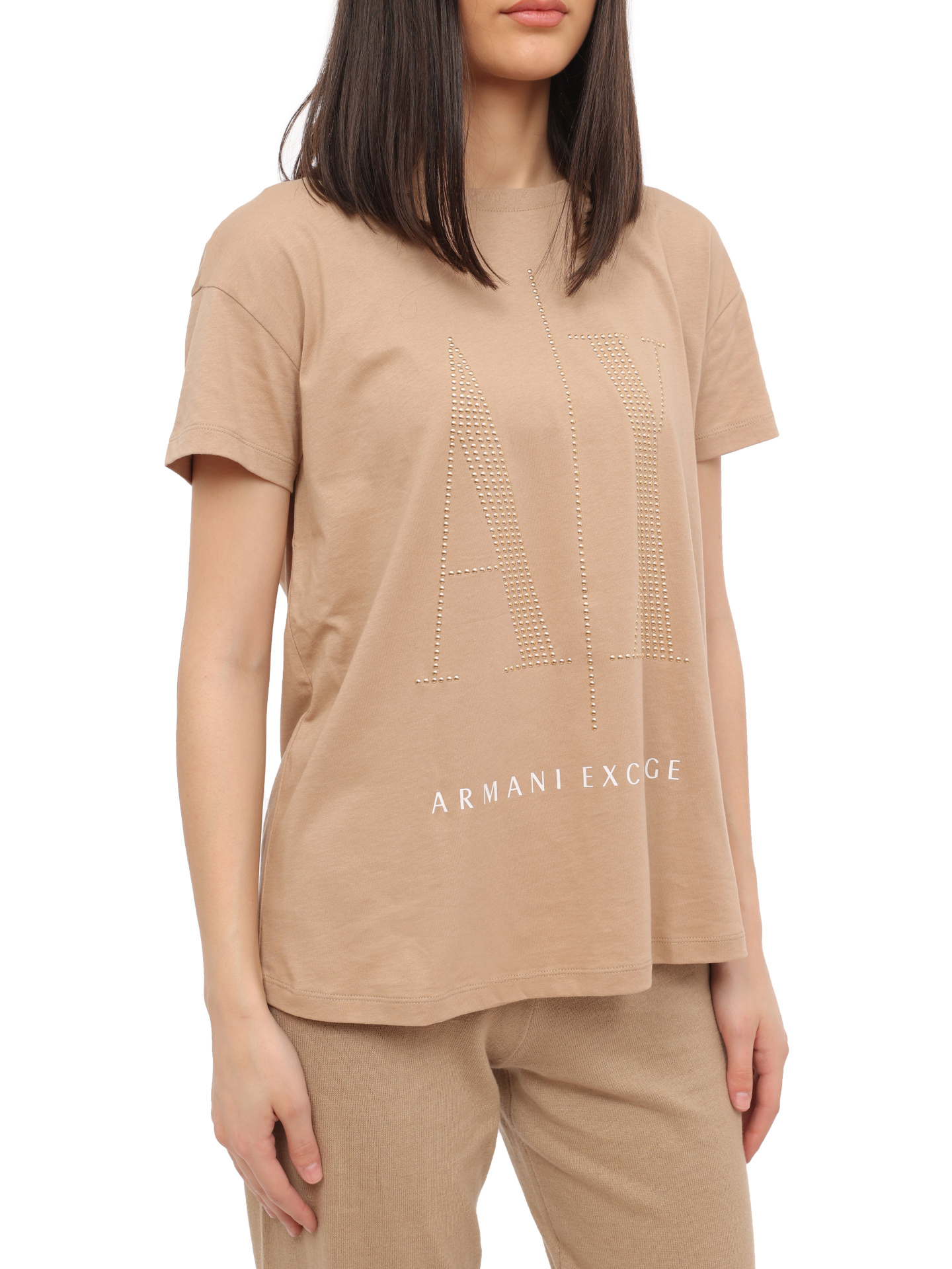 Футболка Armani Exchange 8NYTDX YJG3Z 0748 бежевая женская с логотипом — купить в интернет-магазине Verdistore