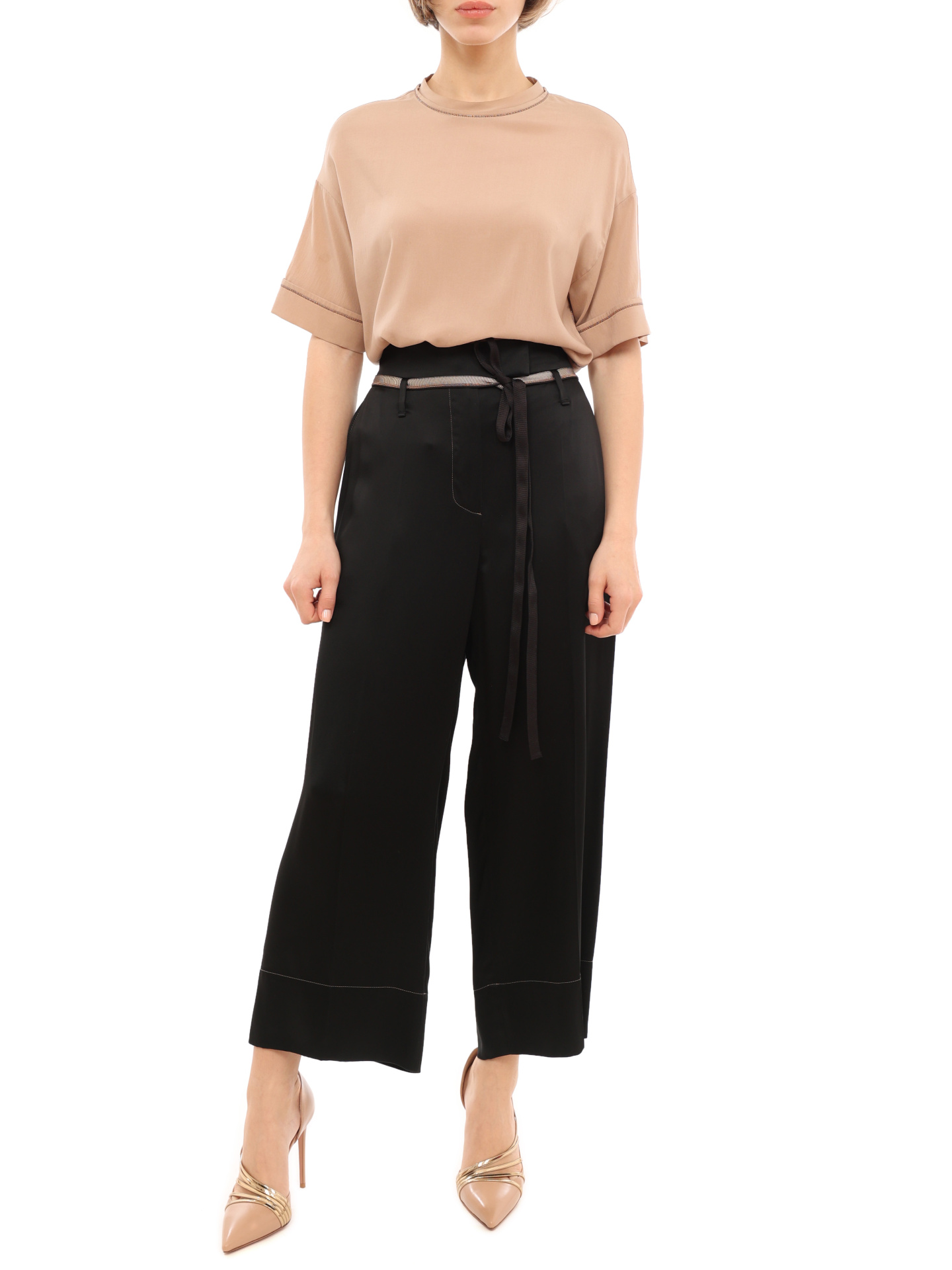 Брюки Brunello Cucinelli M0H38P6193 черные женские с поясом — купить в интернет-магазине Verdistore