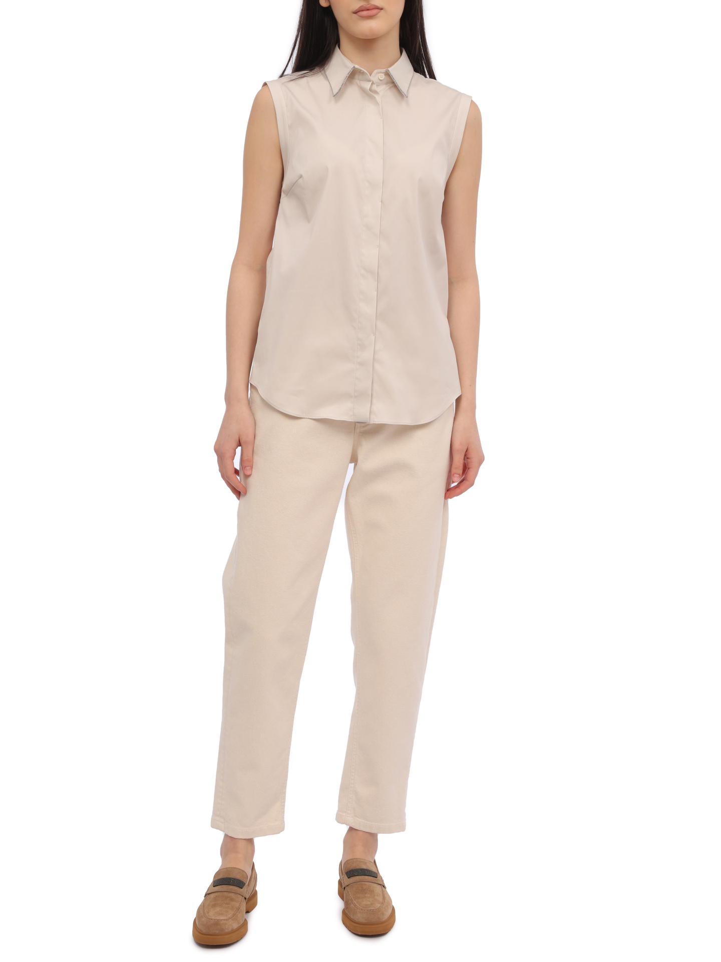 Рубашка Brunello Cucinelli M0091MA616 C9443 бежевая женская из хлопка — купить в интернет-магазине Verdistore