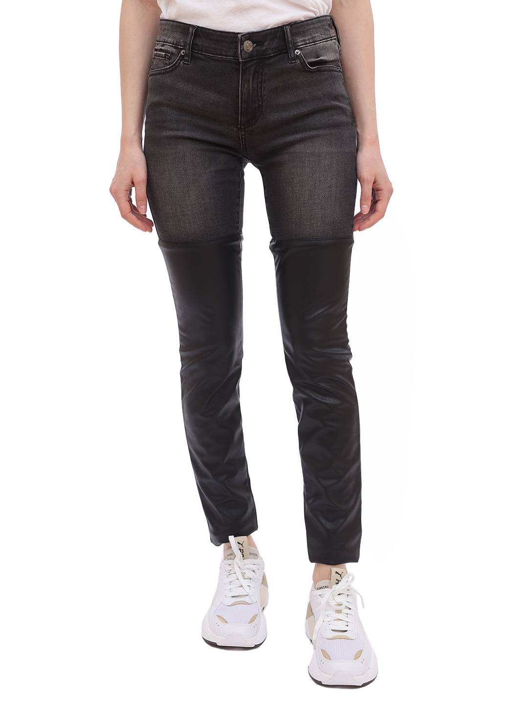 Джинсы Armani Exchange 6GYJ50 204 серые женские с кожаными вставками — купить в интернет-магазине Verdistore