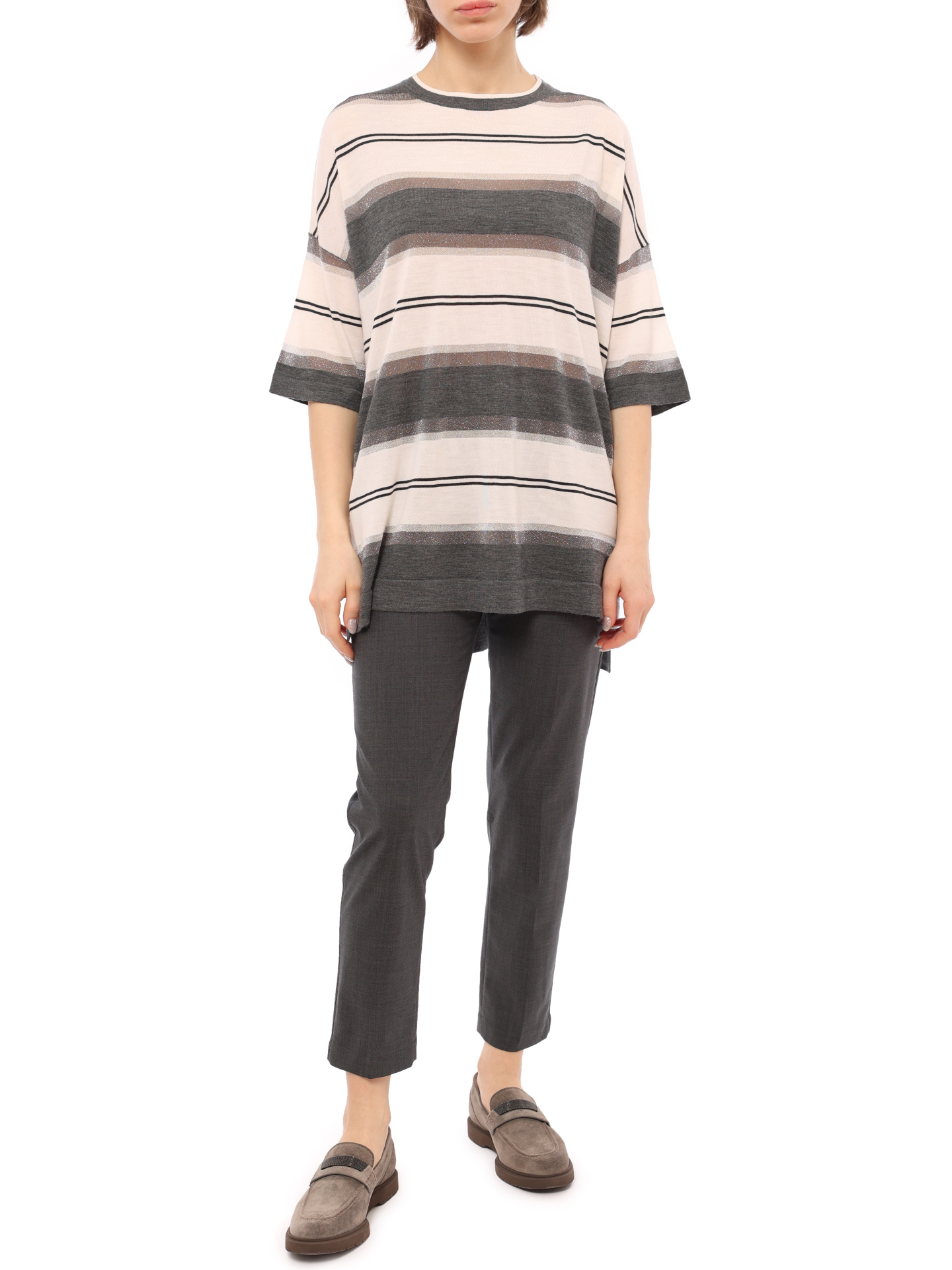 Брюки Brunello Cucinelli M0W07P6253 серые женские из шерсти — купить в интернет-магазине Verdistore