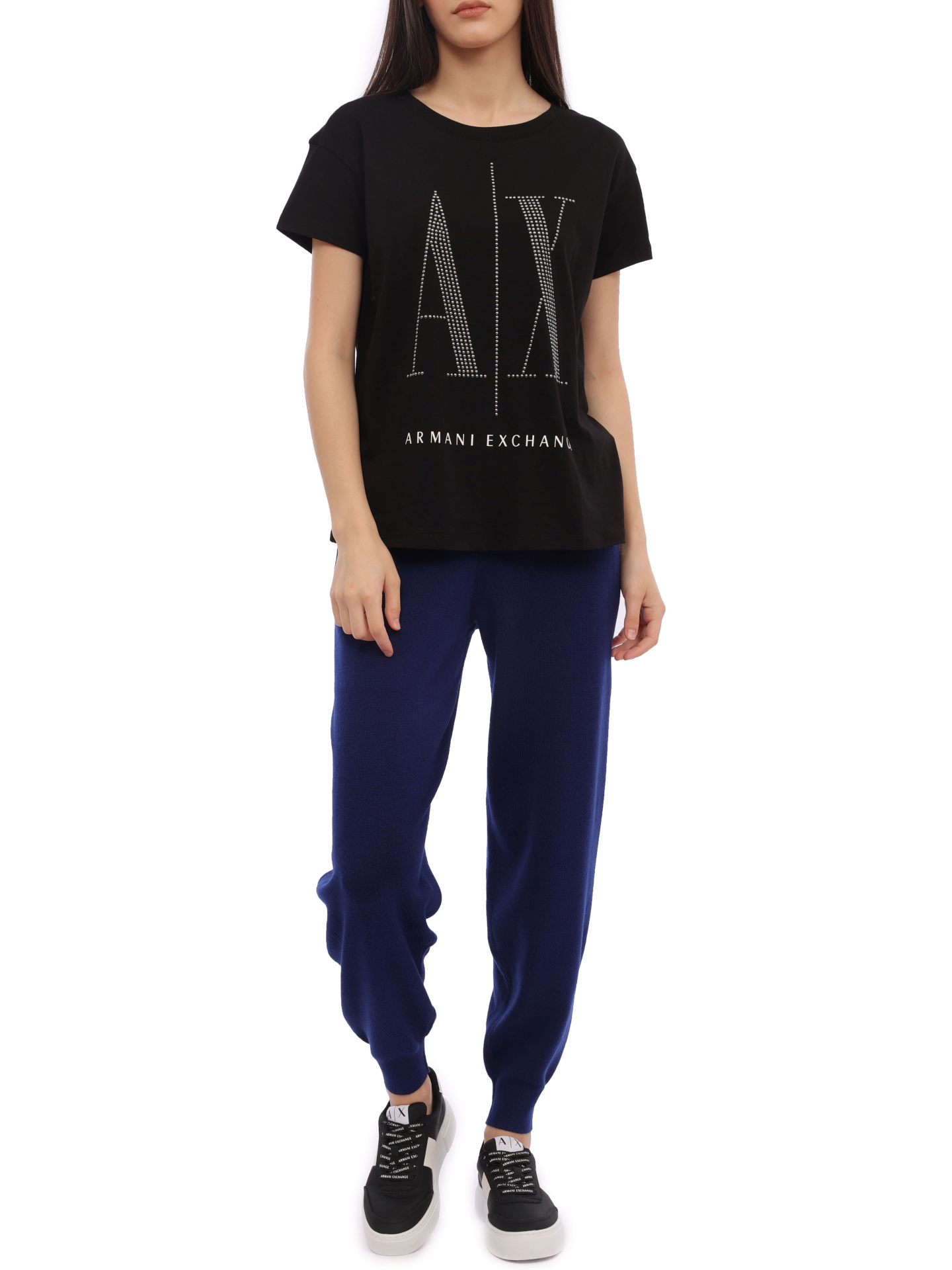 Брюки Armani Exchange 6RYP1K YME3Z 1990 синие женские из трикотажа — купить в интернет-магазине Verdistore