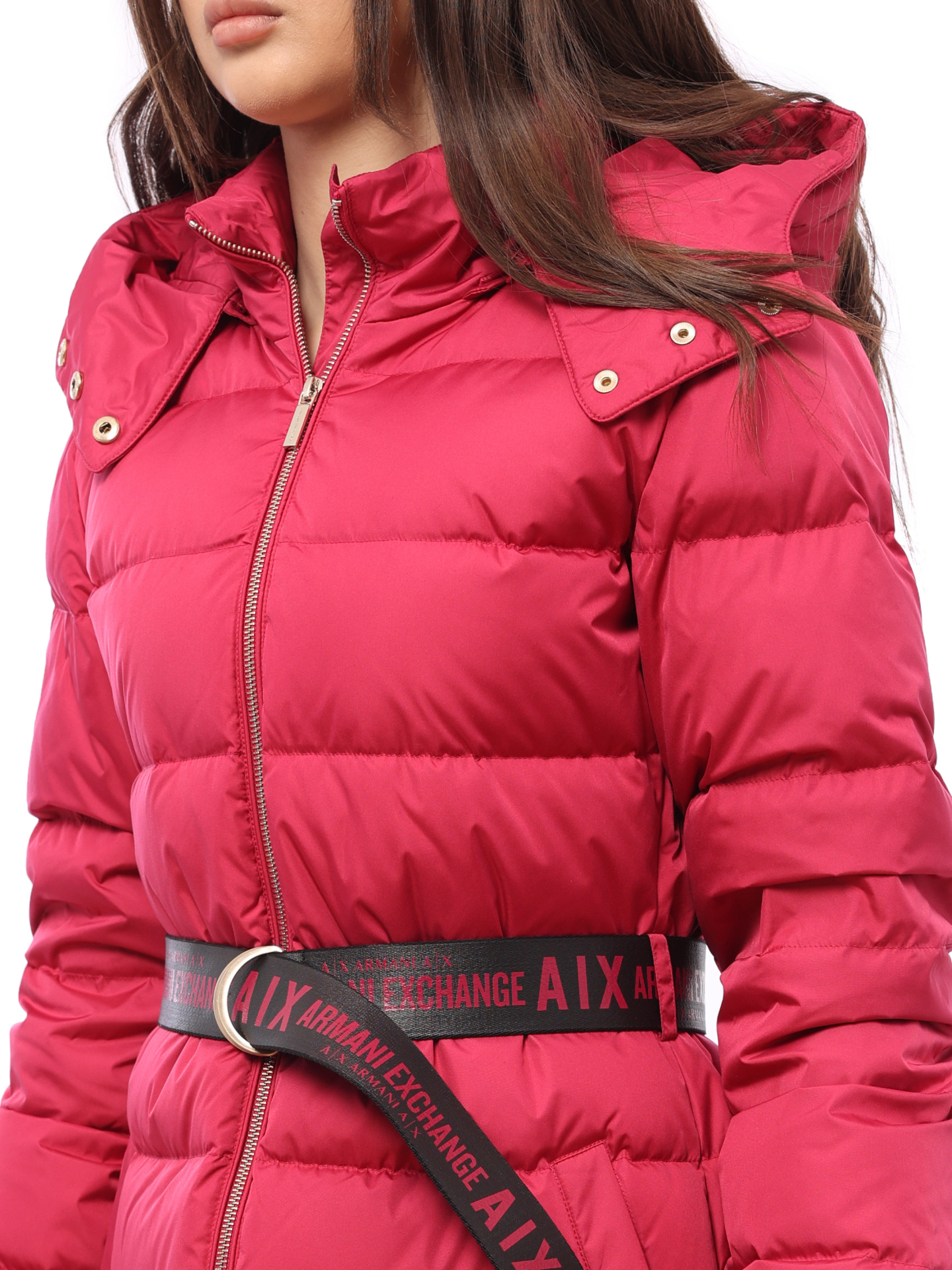 Пуховик Armani Exchange 6GYK09 фуксия женский с поясом — купить в интернет-магазине Verdistore