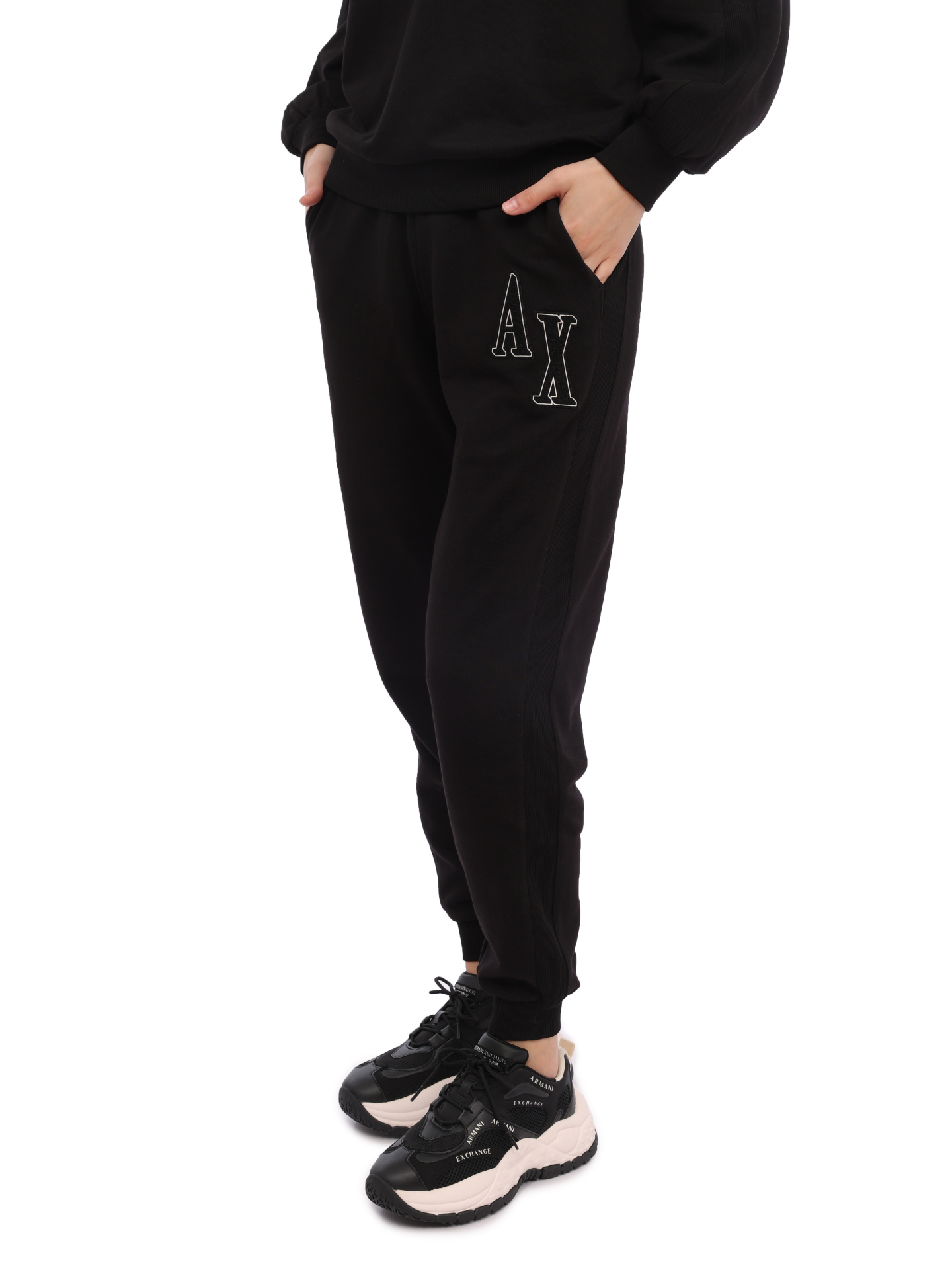 Брюки спортивные Armani Exchange 6RYP78 YJEBZ 1200 черные женские с логотипом — купить в интернет-магазине Verdistore